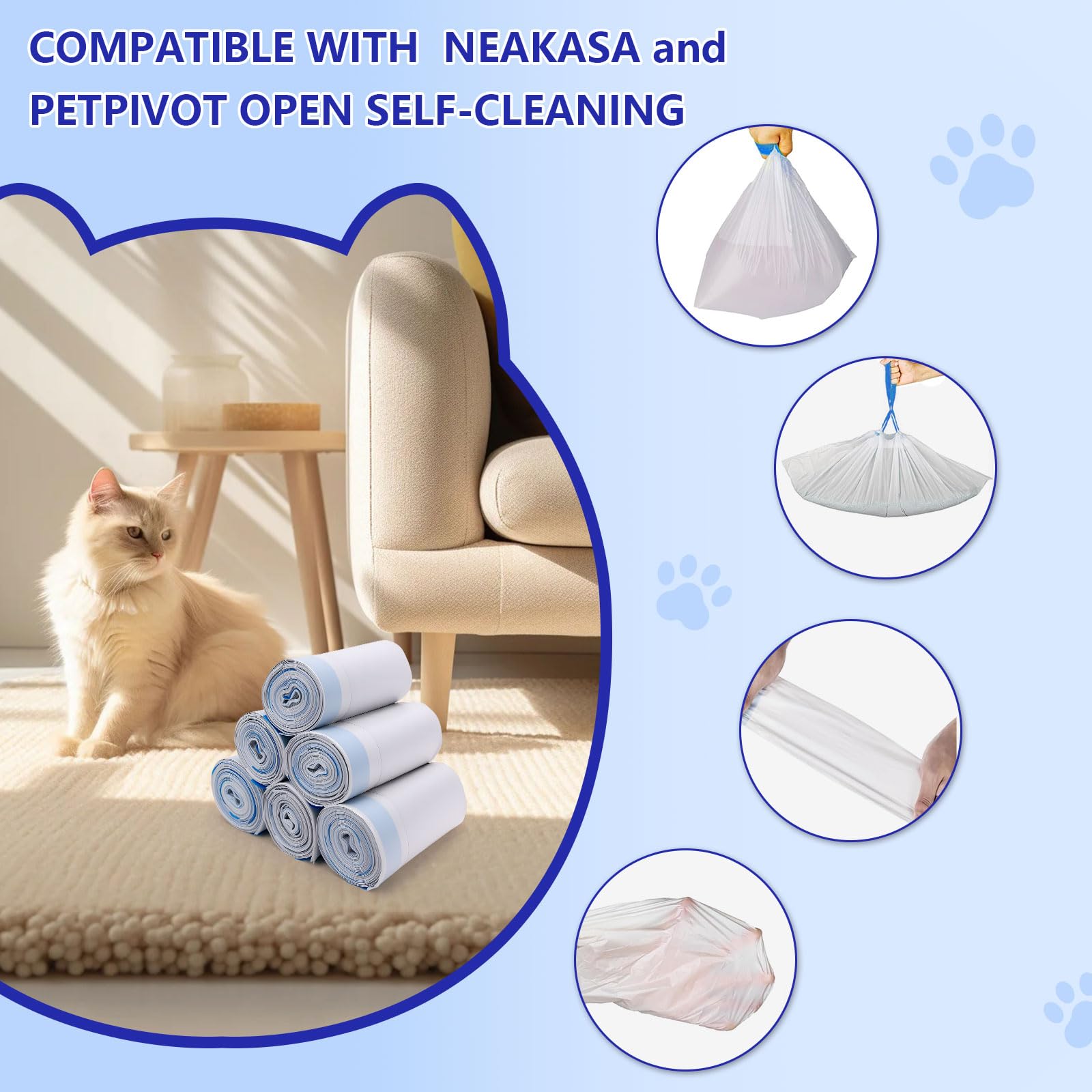 120 sacchetti per lettiera per gatti Neakasa e PetPivot aperti autopulenti per lettiera per gatti, extra spessi e resistenti, senza profumo, 68,6 x 33 cm, contiene 10 kg