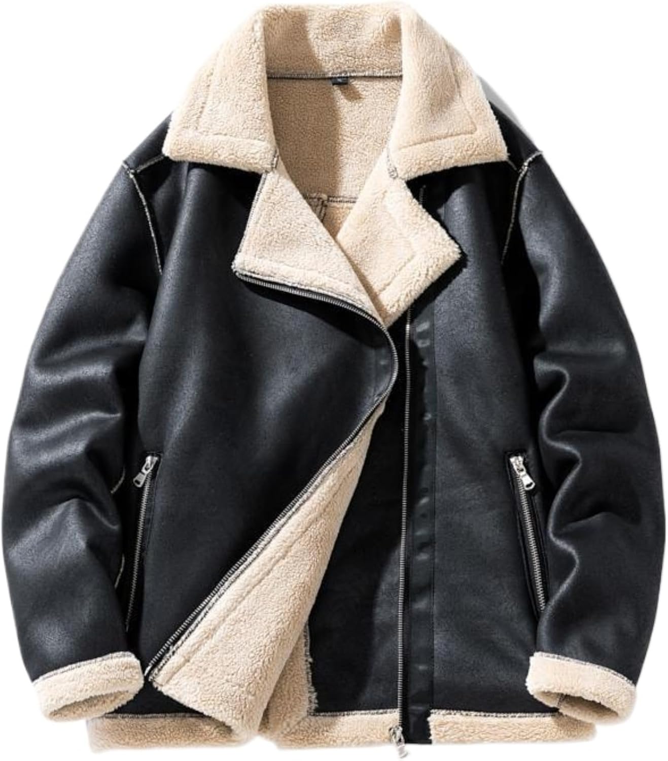 JEShifangjiusu Men's Faux Shearling Rancher Aviator Jacket Winter Fleece Lined Leather Coat Warm Vintage Bomber Jacket