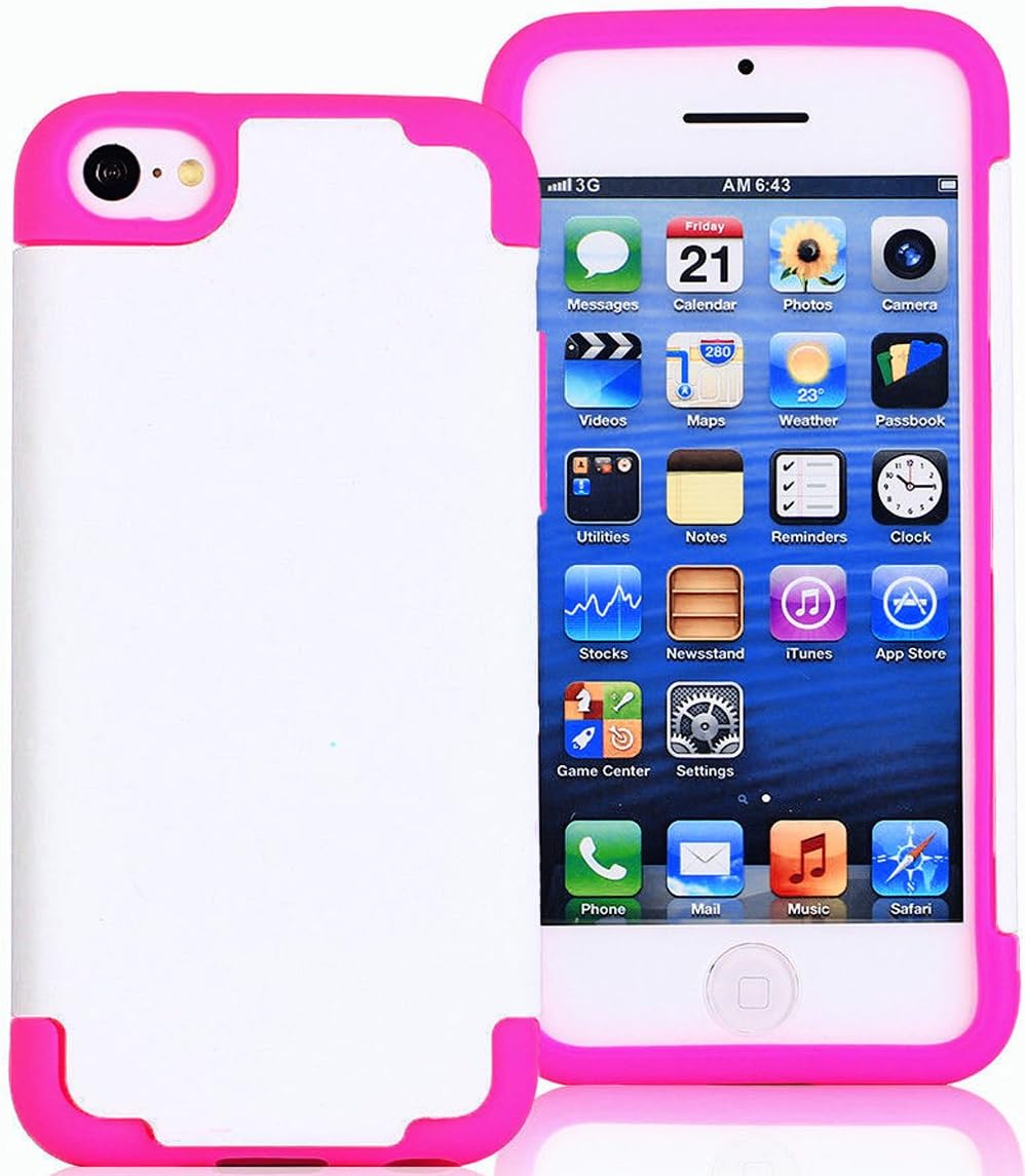 myLife White + Hot Pink Style 2 Layer (Hybrid Flex Gel) Grip Case for New Apple iPhone 5C Touch Phone (External Single Piece Full Body Defender Armor Rubberized Shell + Internal Gel Fit Silicone Flex Protector)