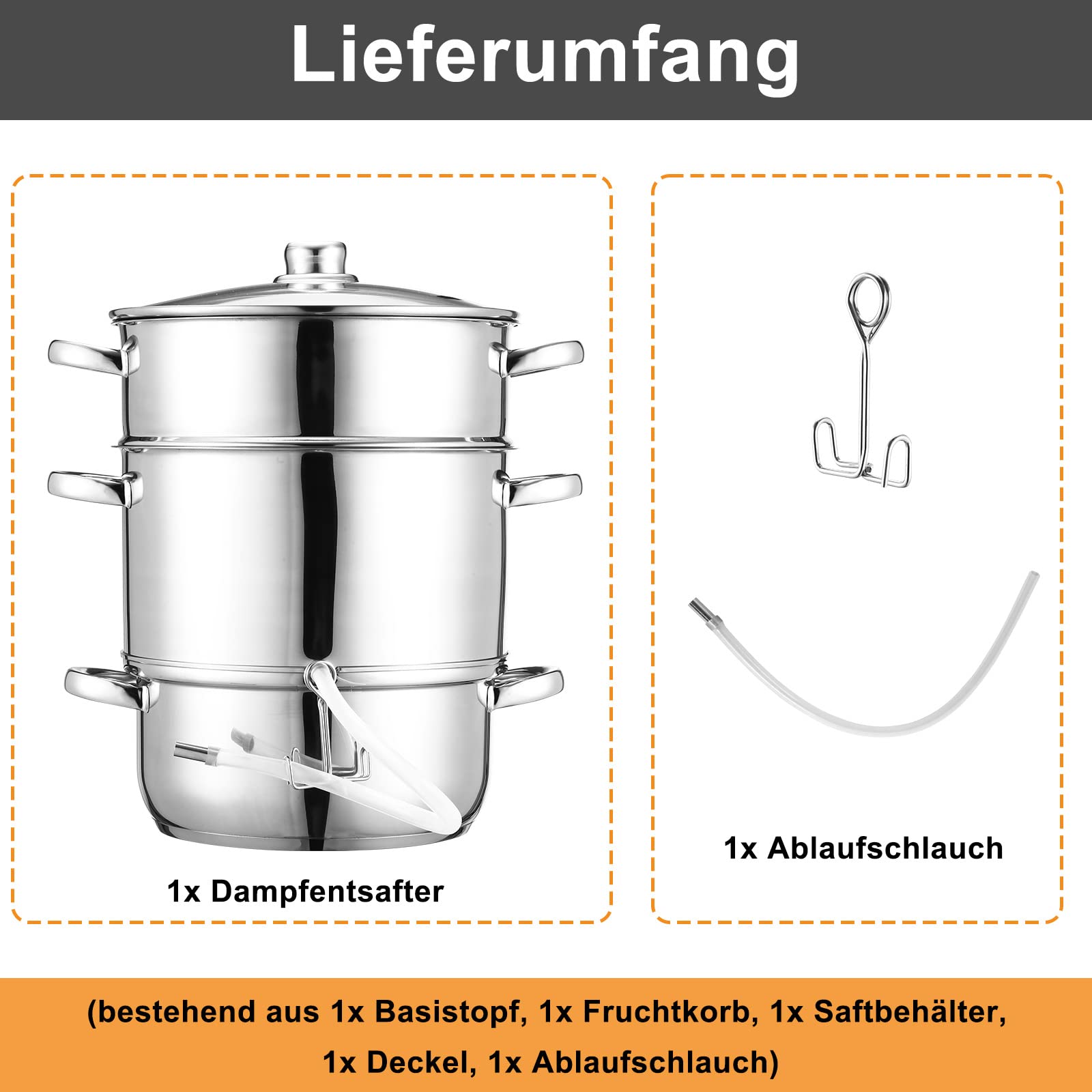 16L Dampfentsafter, Edelstahl Entsafter Saftpresse Durchmesser Ø26cm, Fruchtentsafter mit 4 Bügelflasche, ideal für Saft und Gelee, alle Herdarten geeignet