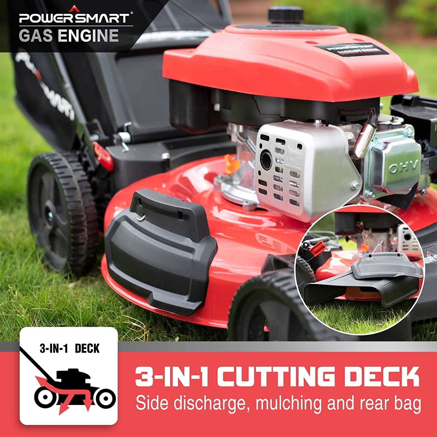 review PowerSmart Lawn Mower Gas Powered with Bag, 21 Inch Push Lawn Mower with 209CC 4-Stroke Engine, 3 in 1 Gas Lawnmower with 5 Adjustable Cutting Heights 1.18''-3.0'', DB2194