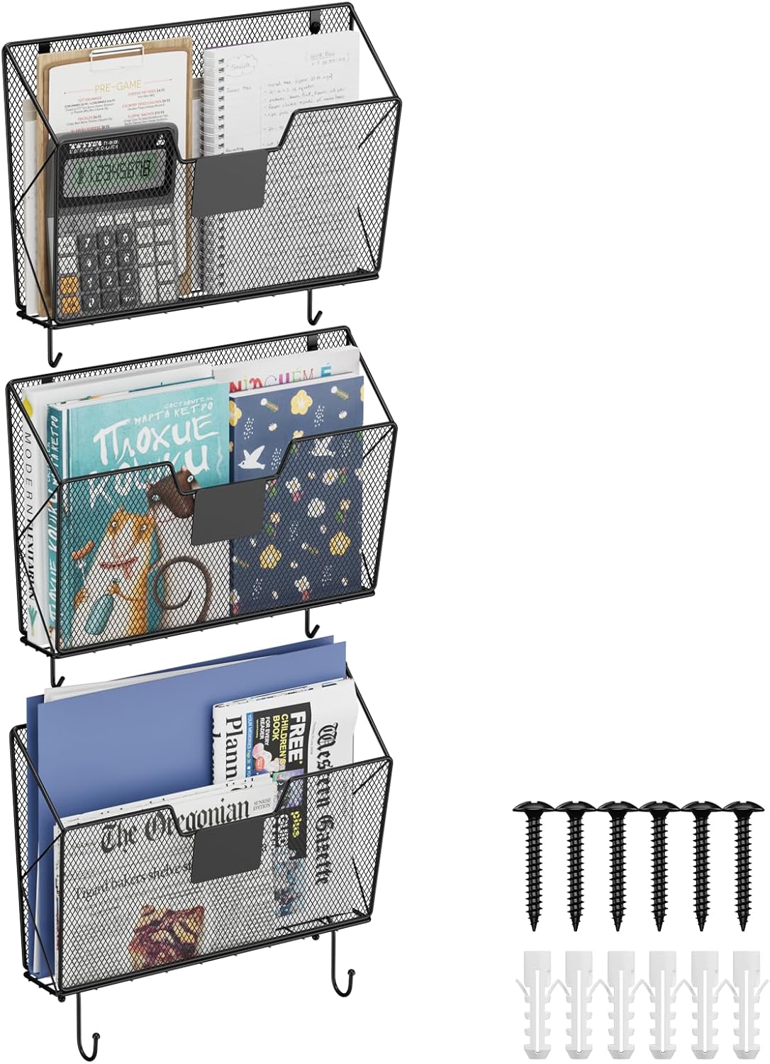 OYEAL Hanging Wall File Organizer, Vertical Wall Mounted Magazine File Holder with Hooks, 6 Pockets Mount Basket Mail Paper Holder for Office Home, White
