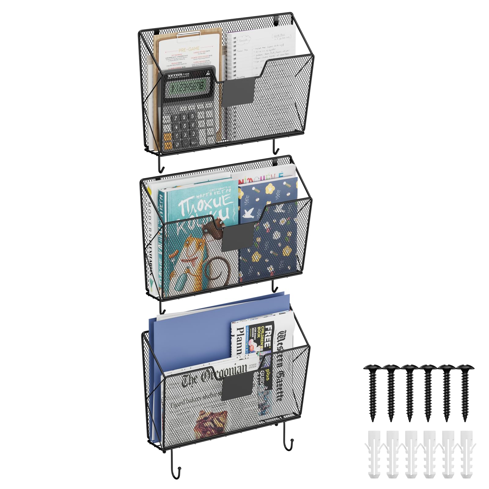OYEAL Hanging Wall File Organizer Holder 3 Pack Mesh Wall Mounted Magazine Holder with Hooks, Metal Wall Document Pocket Mail Organizer for Office/