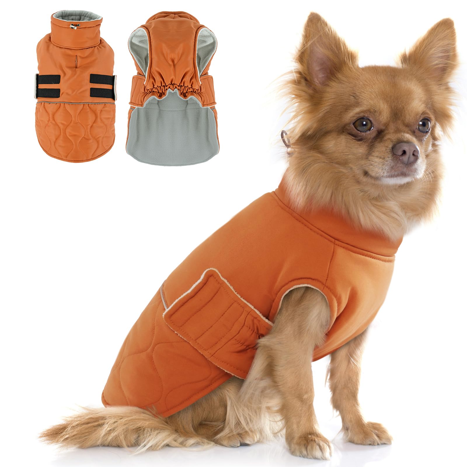 Hjumarayan Dog Winter Coat, Fleece Lined Warm Dog Jacket with Harness Hole, Reflective Quilted Coat Water-resistant for Small Dogs, Maltese, Shih Tzu (Orange S)