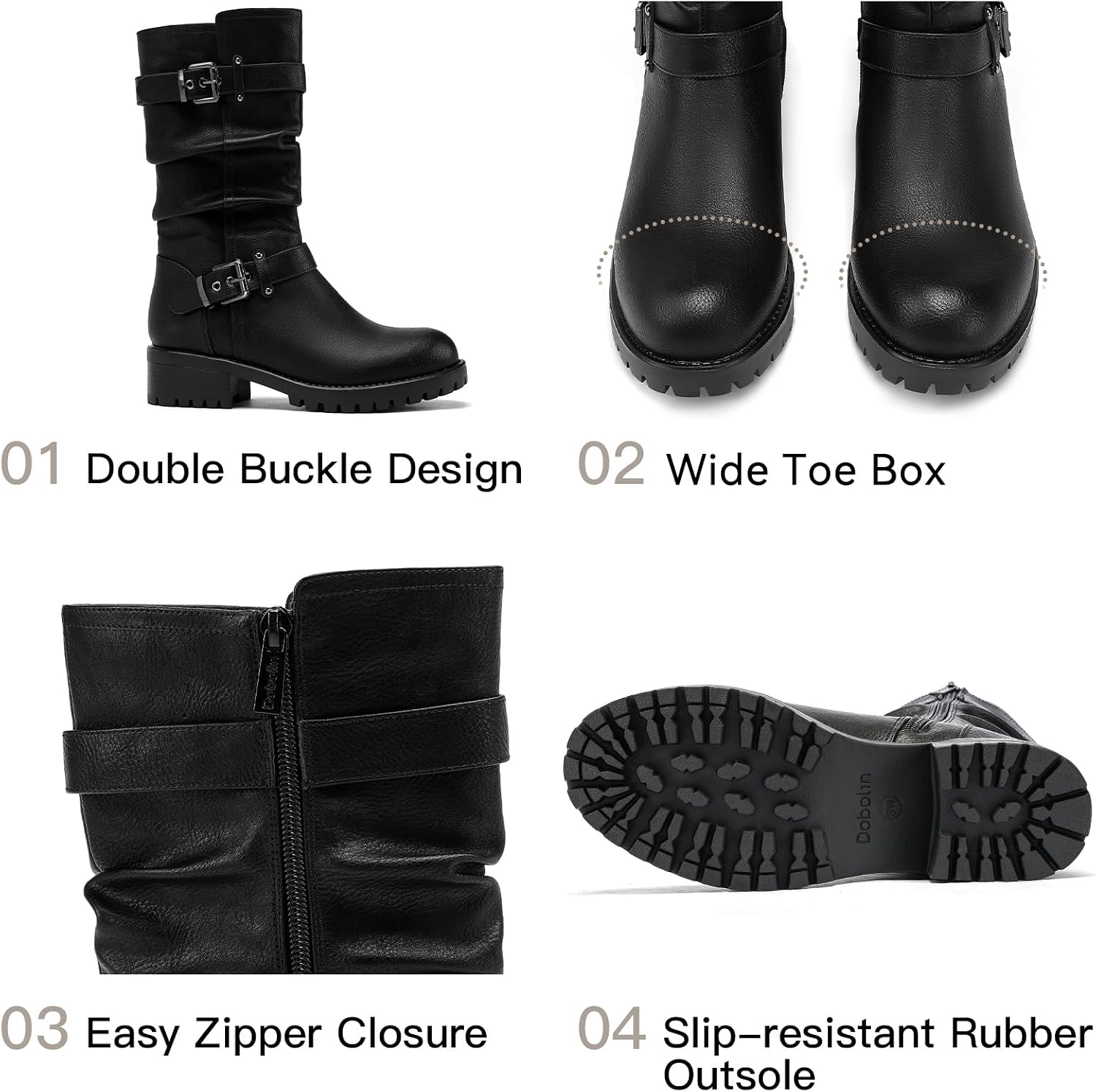 DOBOLIN Women's Mid Calf Wide Toe Box Motorcycle Biker Boots Dressy Low Heel image 4