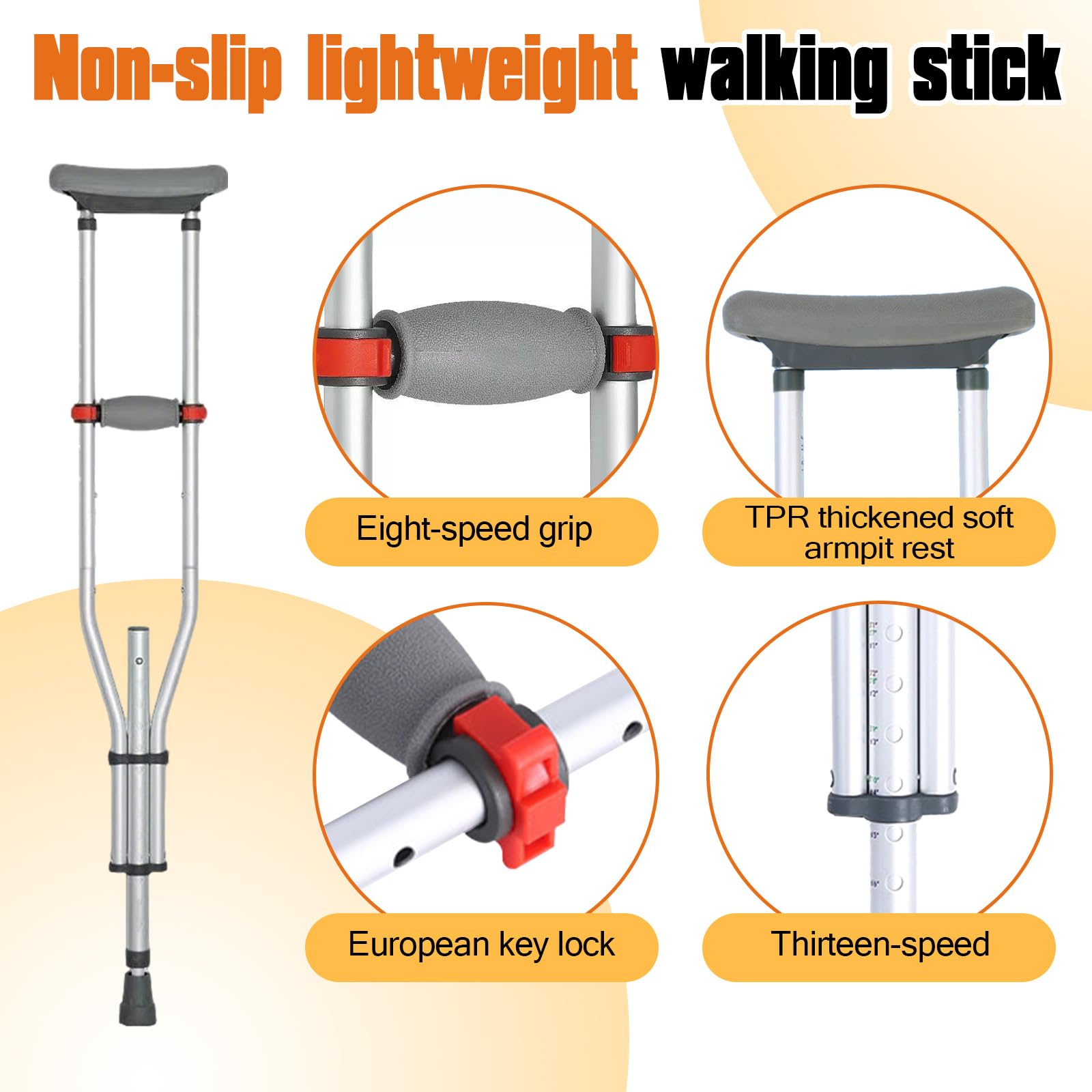 Support pour aisselles, réglable en hauteur sur 13 niveaux, charge maximale : 150 kg, hauteur réglable, en aluminium, avec coussinets souples, béquilles médicales, hauteur applicable : 135 à 195 cm