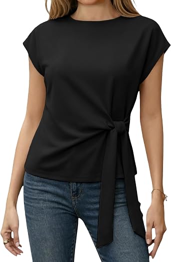 Zhiyouni Womens Summer Tie Tops 2026 Short Sleeves Crewneck Dressy Casual Business Shirt Tops Blouses