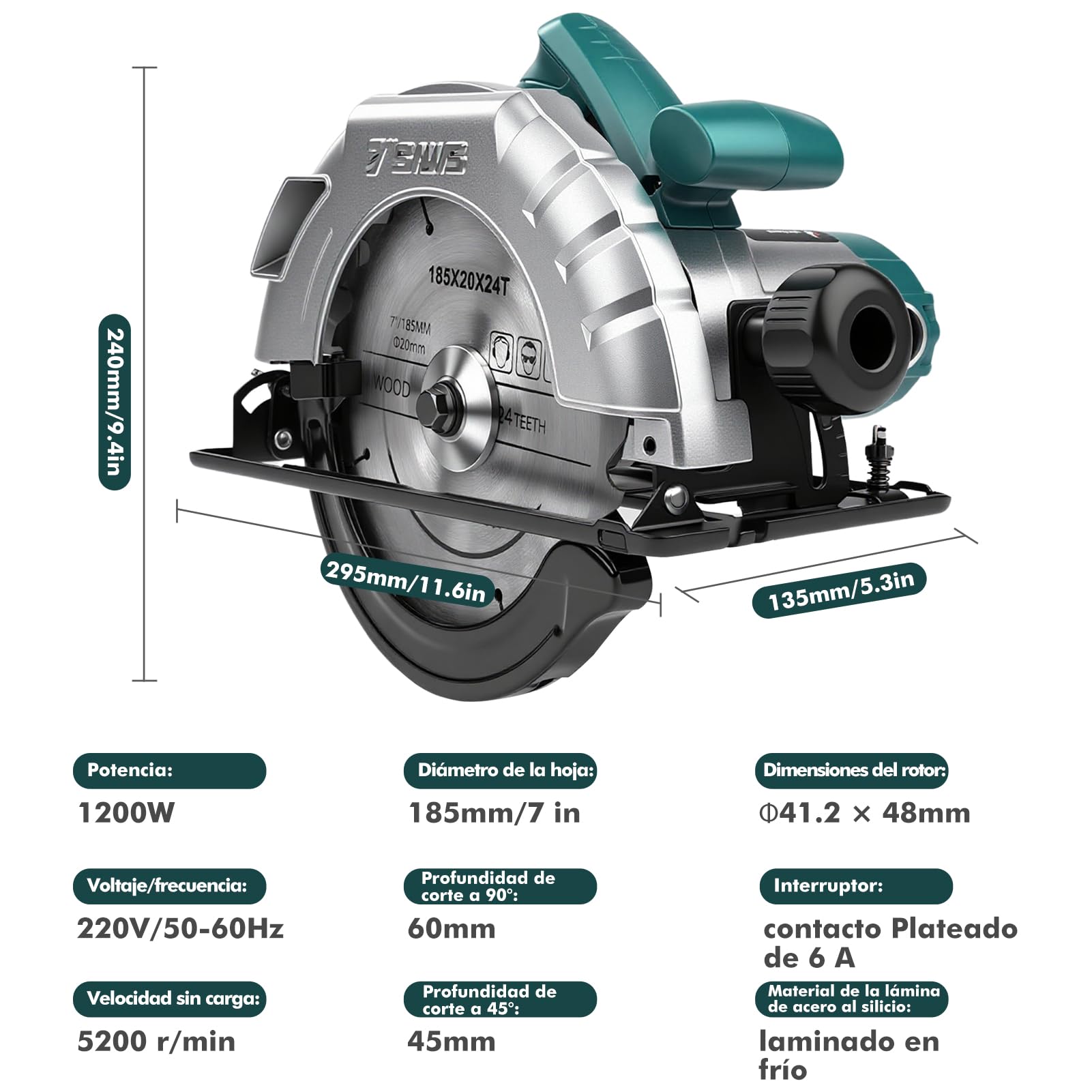 Sierra Circular Eléctrica de 1200 W, 220V 5200 Rpm Potente Velocidad Variable Ángulo Y Profundidad Ajustables, Con 3X Hojas de 185mm 24T/40T/60T, para Carpintería Doméstica, Tubos de Pvc