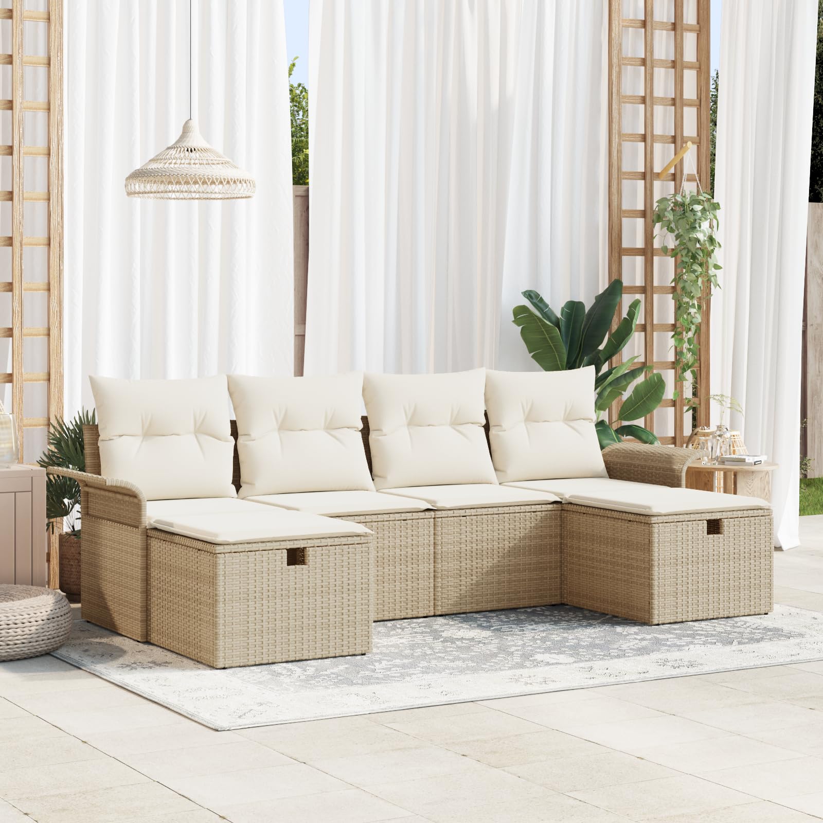 Juego de 6 sofás de jardín con cojines beige de polirratán para exteriores, muebles acogedores al aire libre, conjunto de muebles de jardín, resistente a la intemperie