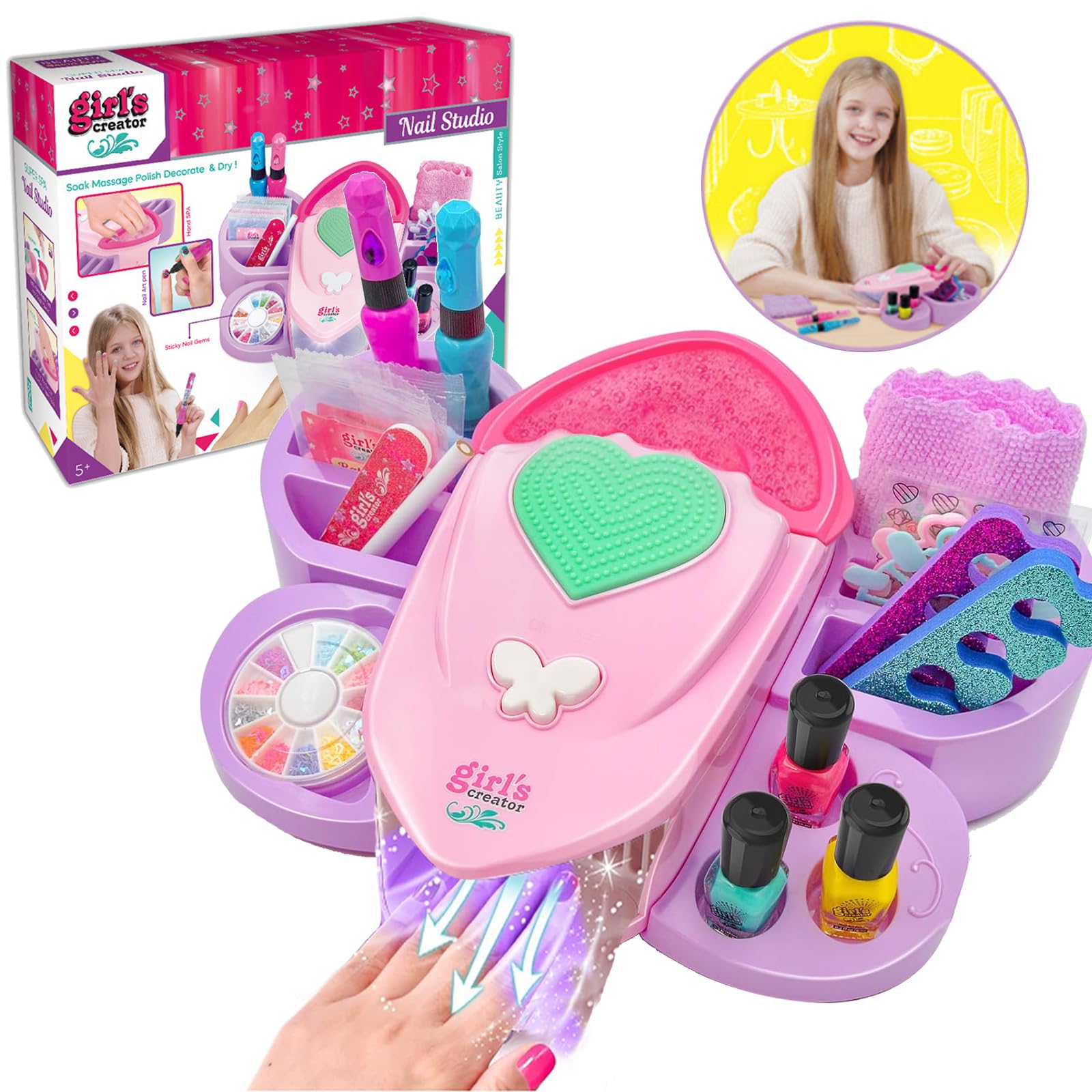 Beauenty Kids Nail Polish Makeup Kit, Real Kids Nail Art Set Washable Makeup Set Toys for Girls with Nail Dryer & Hand Massage Spa Kit, Girls Toys for Girls Aged 6-12 Year Old (Pink)
