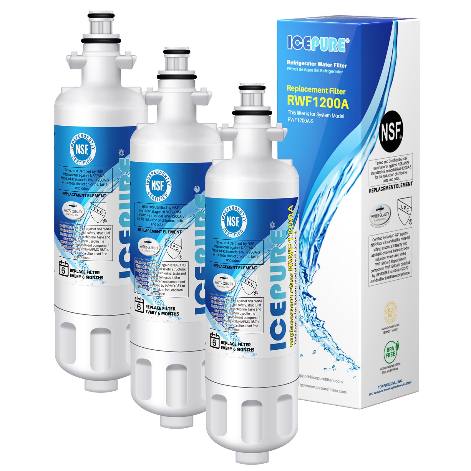 ICEPURE ADQ36006101 9690 Water Filter Replacement for LG LT700P, Kenmore Elite 46-9690 ADQ36006102, RWF1200A, CLCH106, RWF1052 LFX28968ST LFXS29626S LFXS30766S LFX31925ST LFX31945ST Refrigerator,3PACK