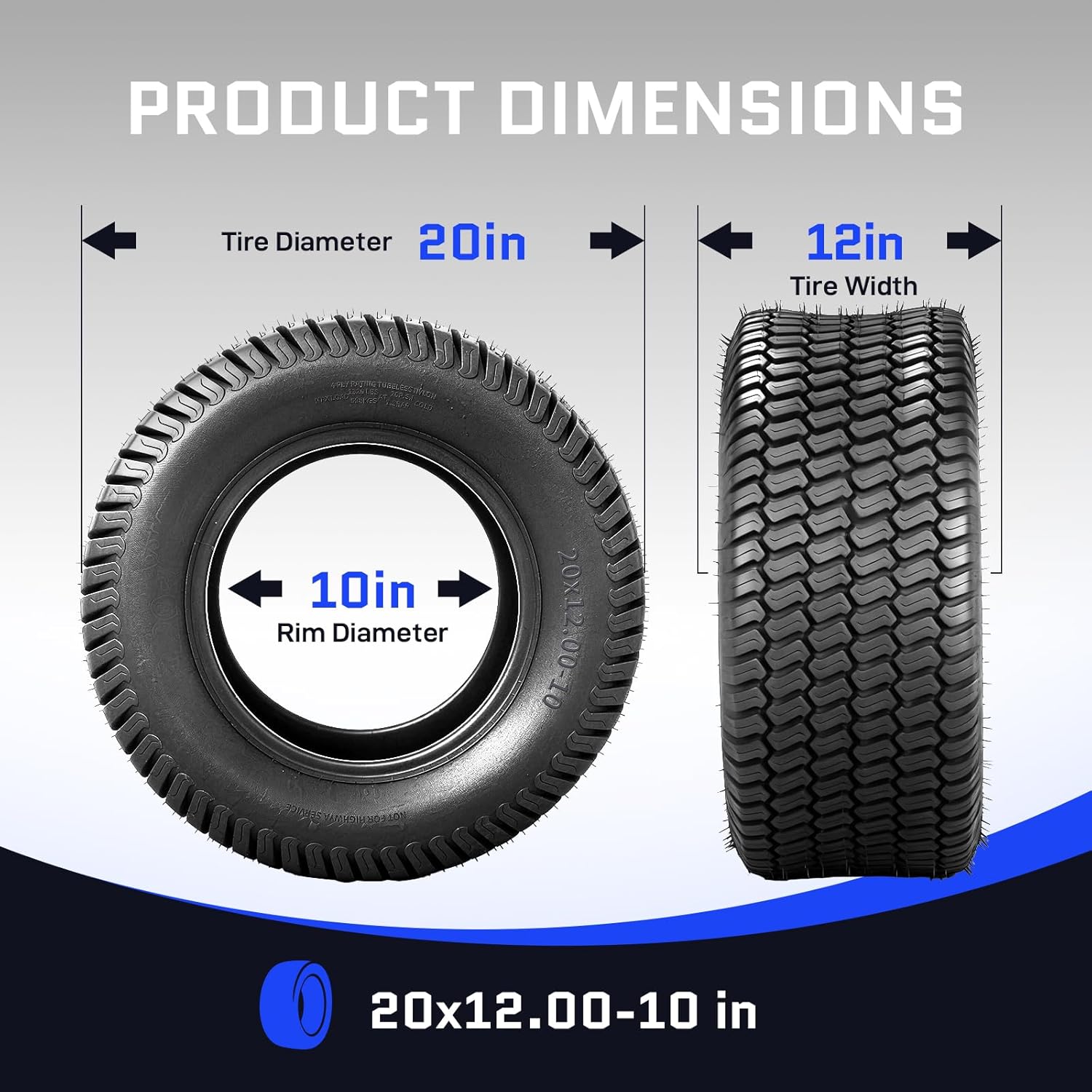 TRIBLE SIX 20x12.00-10 Lawn Mower Tires (2 Pack), 20x12x10 Lawn & Garden Rinding Mower Tractor Golf Cart Turf Tires, 4 Ply Tubeless