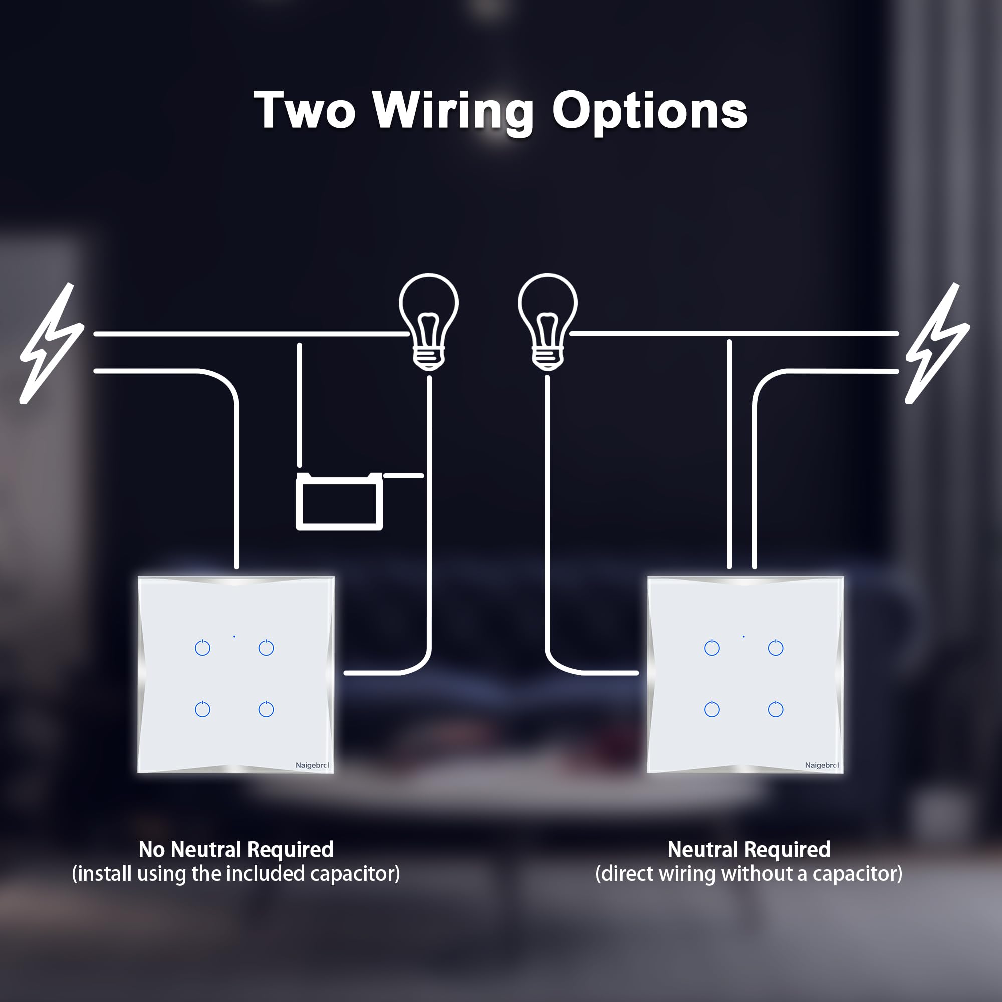 Interruptor de luz inteligente con wifi táctil, cristal blanco y plateado, 1-4 velocidades, para instalación con o sin neutro, control por voz Alexa Google (blanco, 4 aumentos)