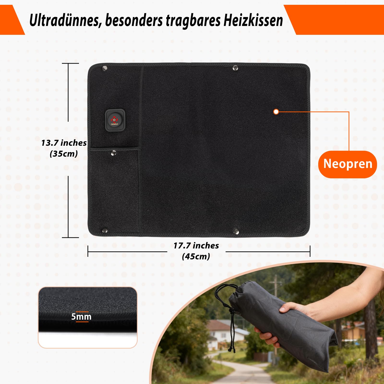 Coussin chauffant portable infrarouge lointain - Chauffe-pieds et mains - USB en néoprène - 5 mm ultra fin - Pliable et lavable - Idéal pour la maison, le bureau, l'extérieur et le camping