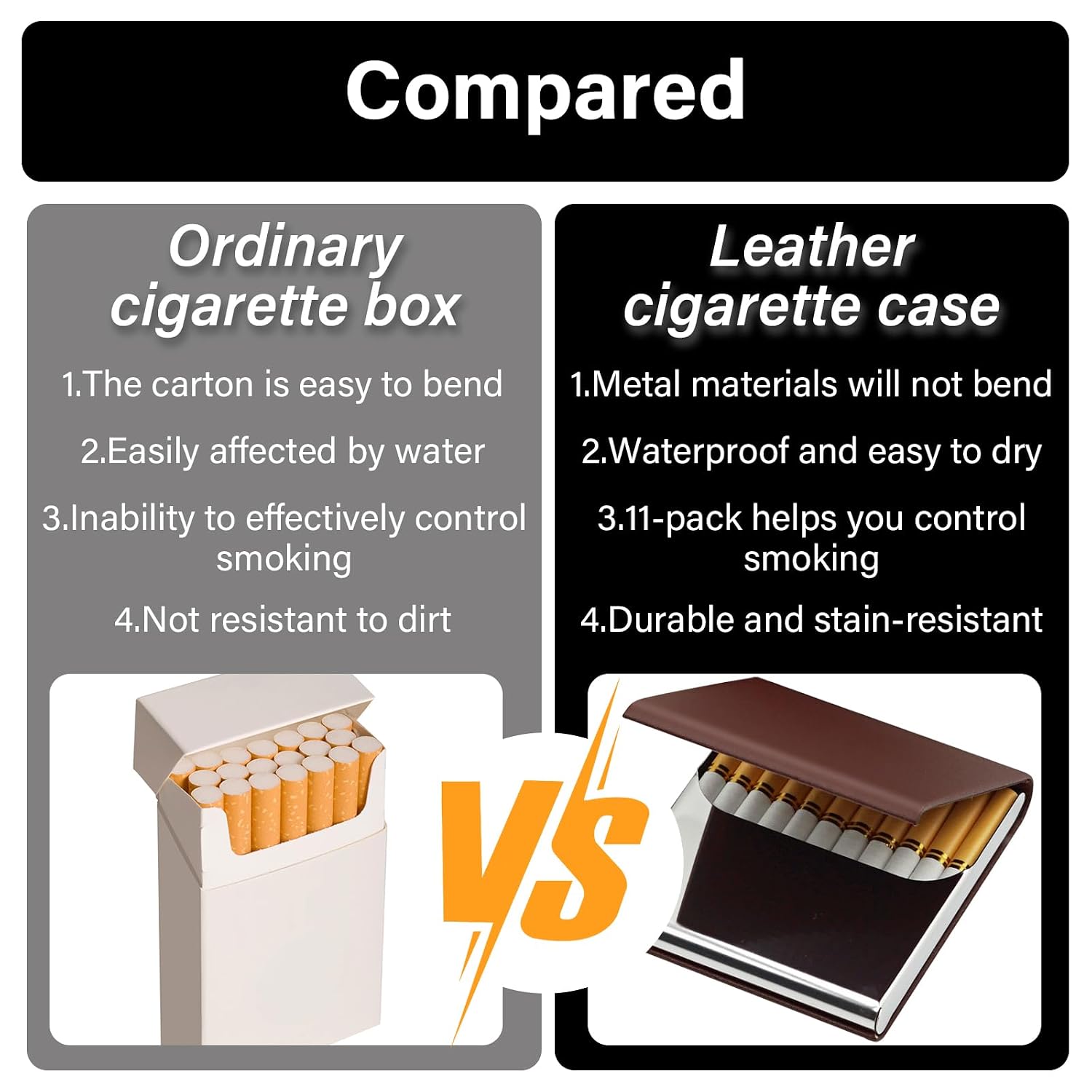 Portable Slim Leather Cigarette Case Regular Size Cigarette Pocket Holder for Hold 10 Regular Size - One-Hand Operate Leather Stainless Steel Cigarette Case Box for Men and Women, Coffee
