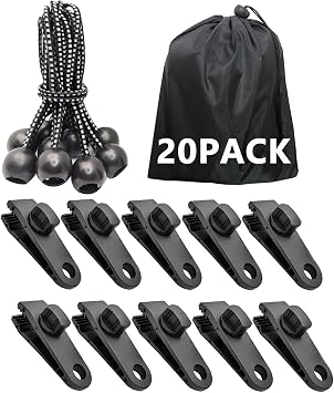 Tarp Clips Heavy Duty Lock Grip, 20 Pack Tarp Clamps Bungee Cord Clip, Fit for Tent Awnings Caravan Canopies Car Cover Swimming Pool Cover Fasteners Clips