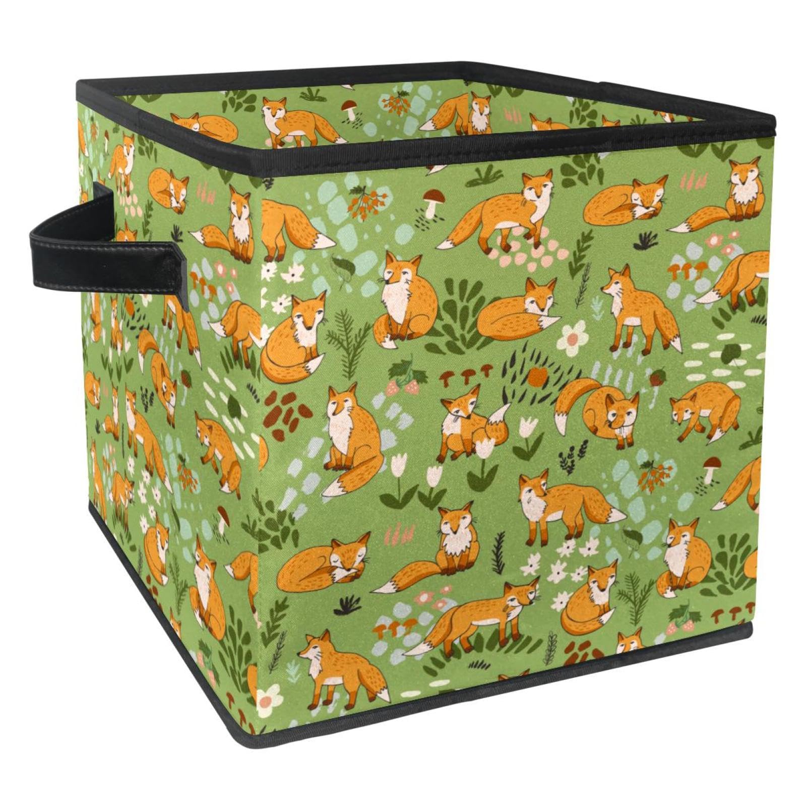 Boîte de rangement pliable en tissu vert et orange avec poignées pour placard et chambre