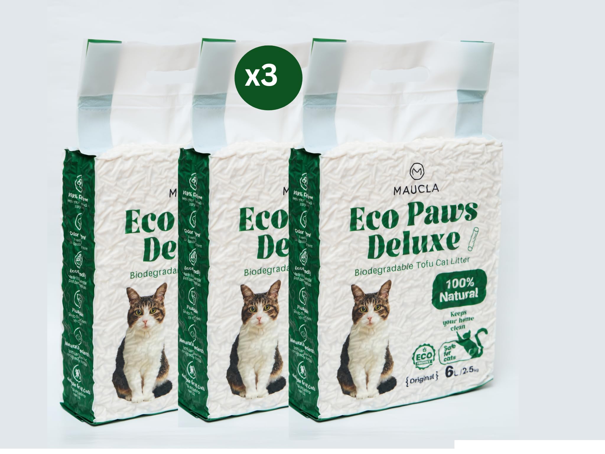 Arena de Tofu para Gatos SIN Olor | Pack 3 x 7.5 kg | Sin Polvo | Aglomerante | Ecológica y Desechable en Inodoro | Absorción Rápida