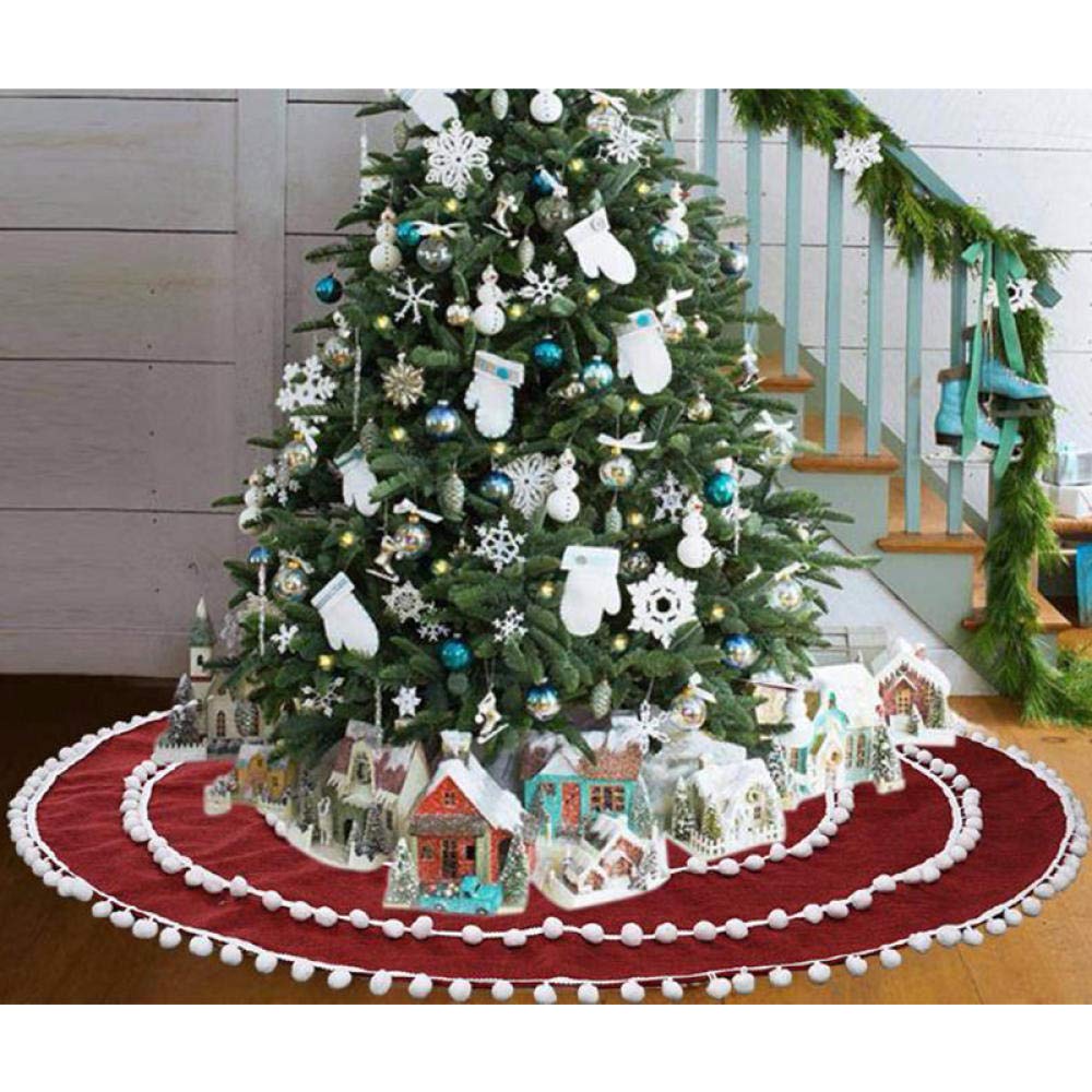 Tappeto per Albero di Natale Palla Rossa Bianca Albero di Natale Abito Inferiore Gonna Albero di Lino Decorazioni per La Casa Abito Inferiore per Albero di Natale