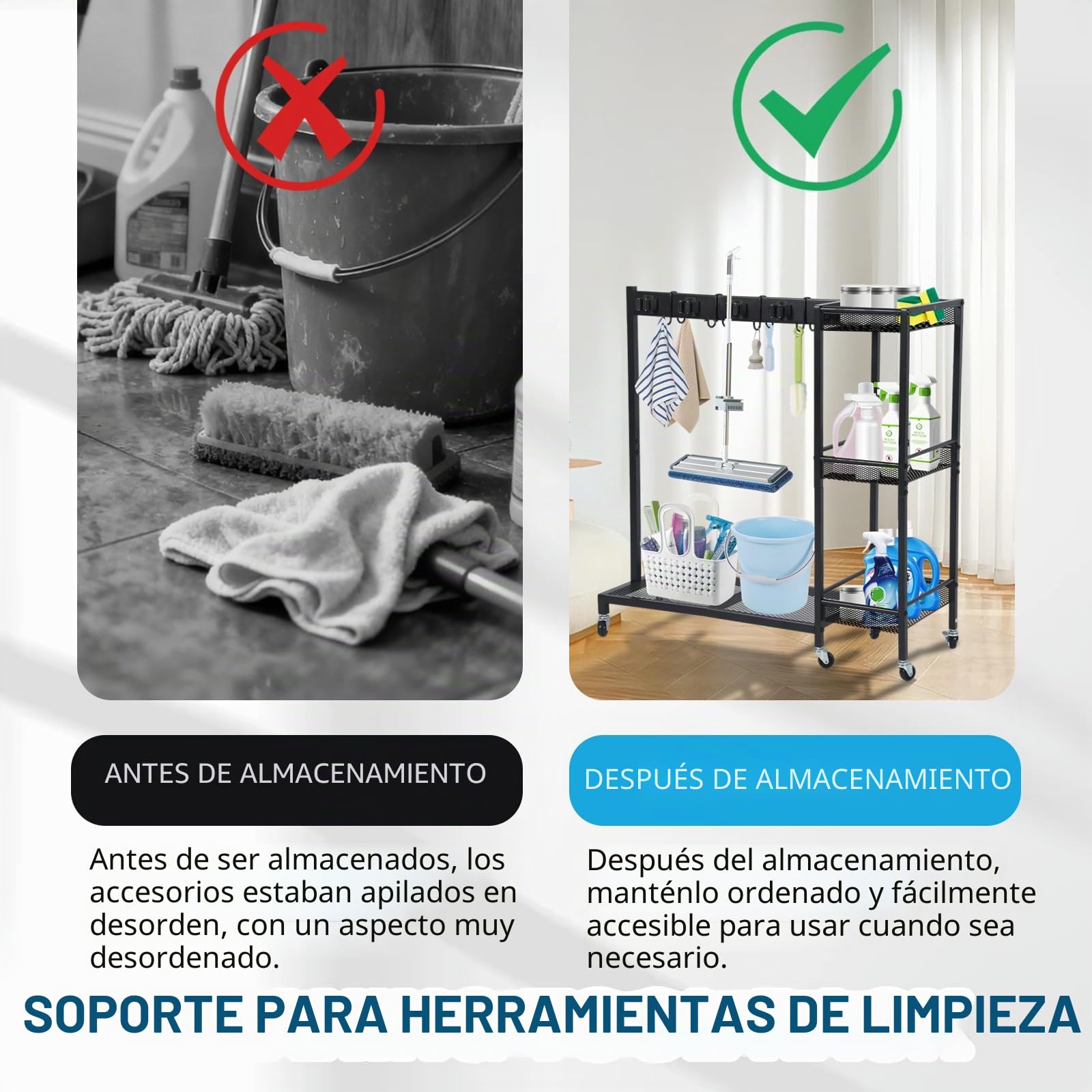 Carro de limpieza 85 × 62 × 30 cm – Carro de limpieza móvil con soporte para fregona y soporte para escobas, 6 ruedas con 3 frenos, 6 soportes para herramientas y 2 ganchos dobles, 3 estantes – Hogar