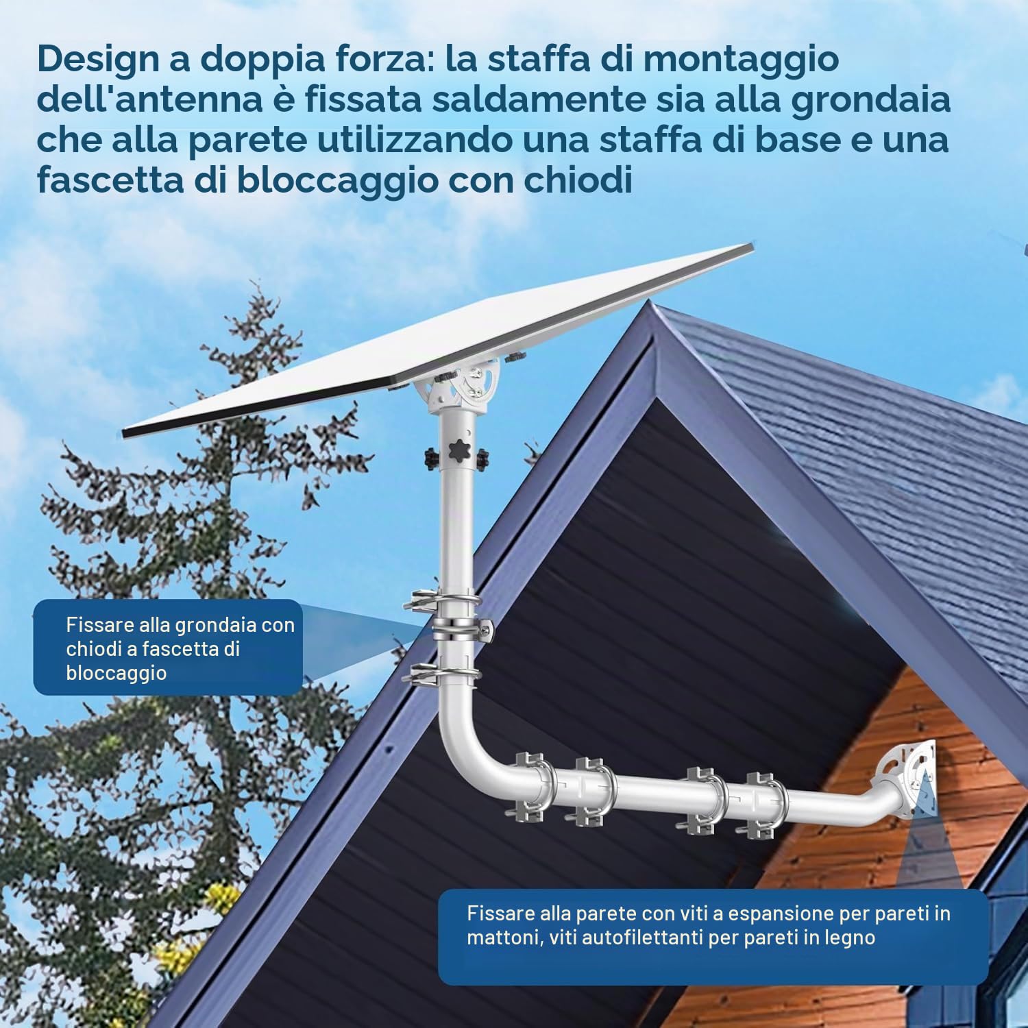 Kit di montaggio per antenna a parete lunga - Supporto per a grondaia lungo, completo di gomito a 90°, tubo di prolunga, adattatore di connessione e viti. Perfetto per antenne TV esterne