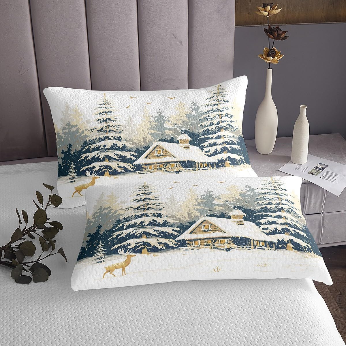 Homewish Retro Rustic Cabin Bedspread Queen Size,Deer Woodland Winter Theme Bedding Set for Kids Boys Girls Room Decor,Snow Scenery Wildlife Quilt 3Pcs,Nature Plant Animal Coverlet Set,2 Pillowcases