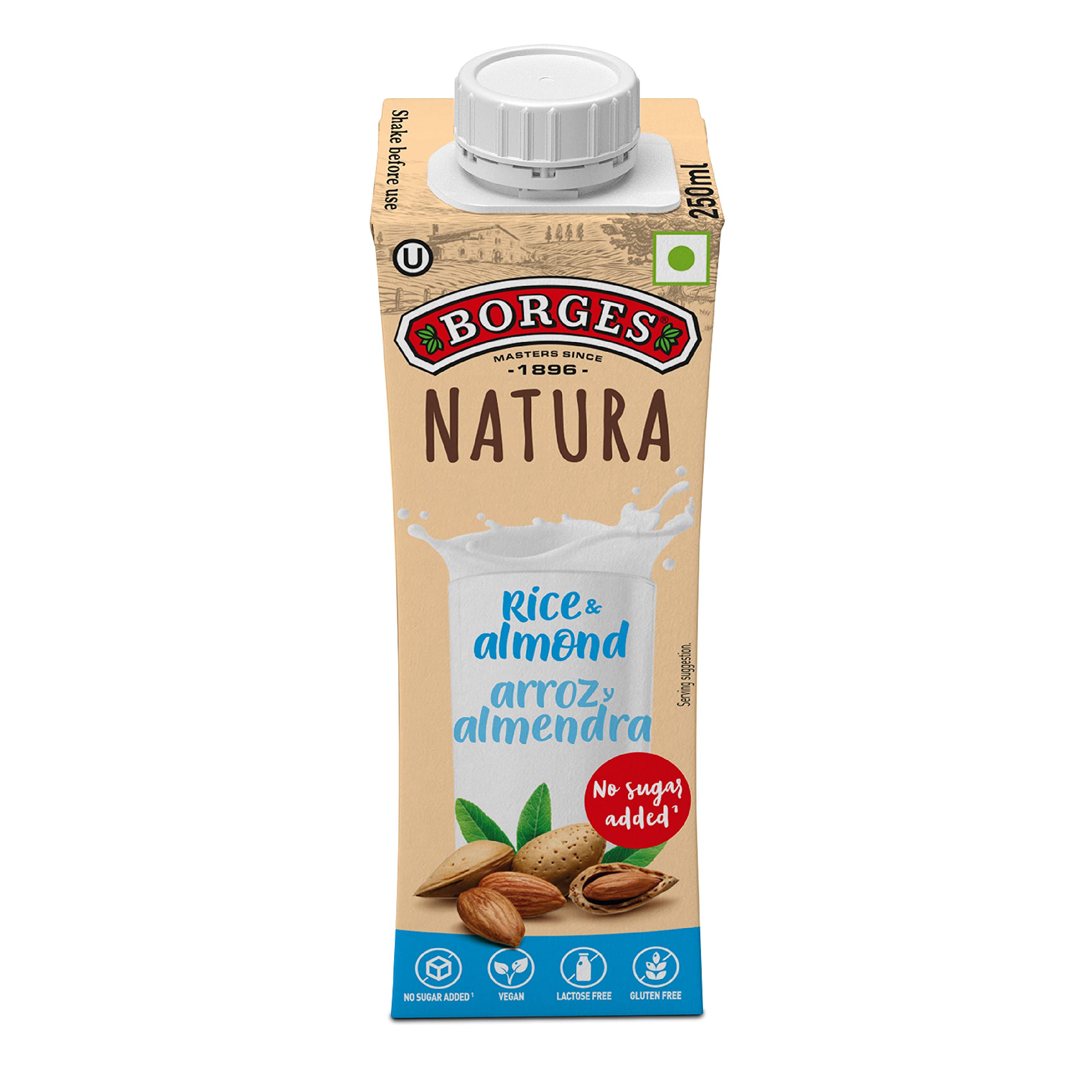 Borges Natura Rice & Almond Drink, 100% Plant Based Milk Alternative, Gulten Free, Lactose Free & Dairy Free, No Added Sugar, No Added Preservatives - 250ml
