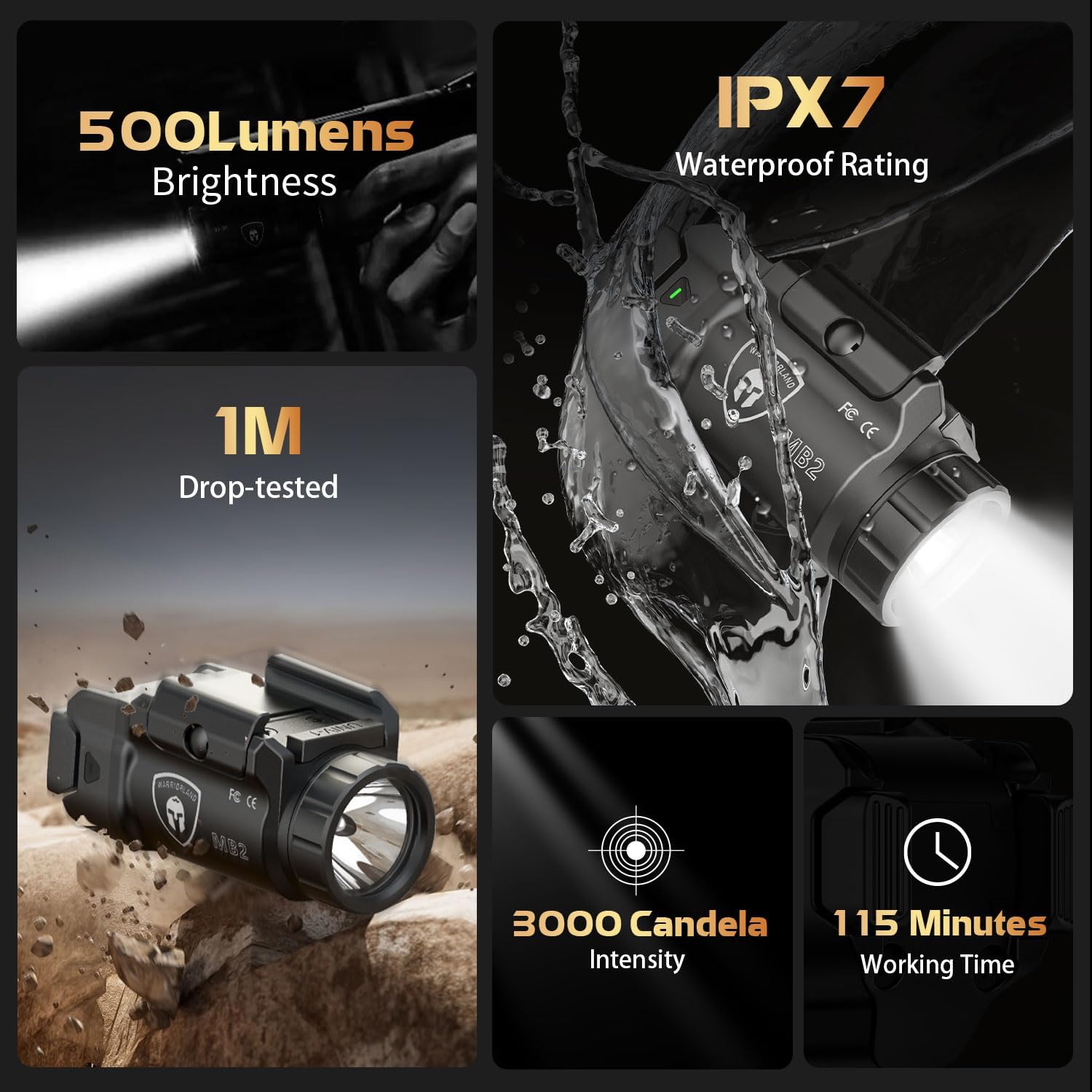 WARRIORLAND MB2 Compact Pistol Light, Fits G17 /G19 /P320 /G3C /G2C /M&P 9 /Hellcat Pro/1911 and Other 100+ Handguns, 500-Lumen Universal Rail Mounted Tactical Weapon Light with LED, Power Indicator