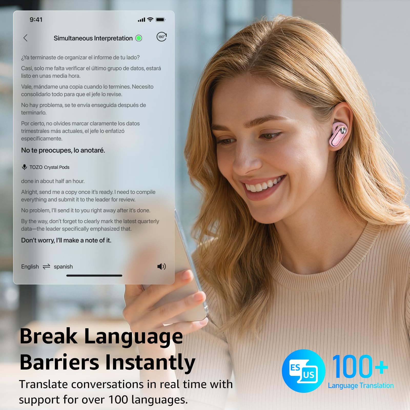 TOZO Crystal Pods Hybrydowe bezprzewodowe słuchawki z aktywną redukcją szumów, podwójny mikrofon ENC AI Clear Calls, słuchawki Bluetooth 5.4 w uchu, wodoodporne słuchawki IPX5, 32 EQs przez APP