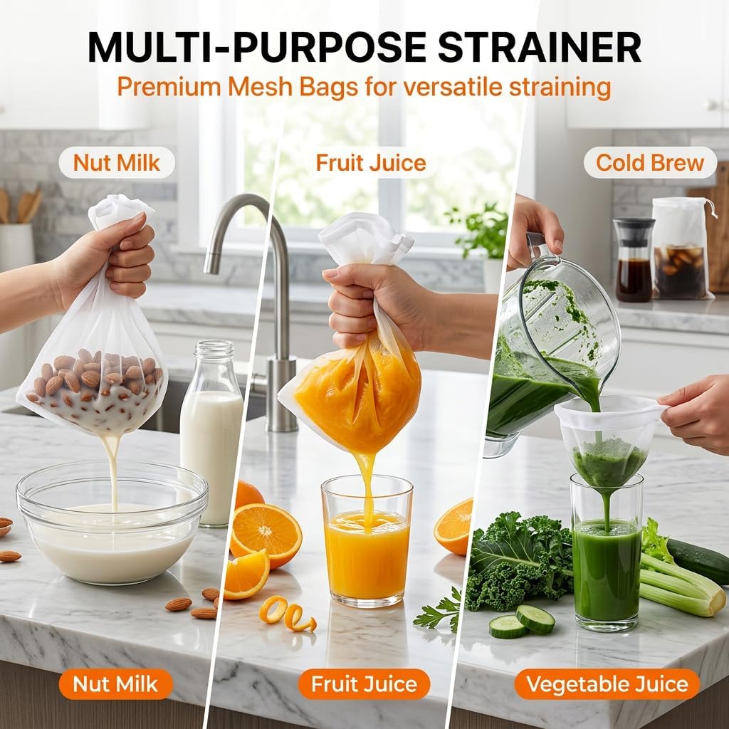 5 Pcs Reusable Fine Mesh Strainer Bags (24x36cm), Nylon Food Strainer for Nut Milk, Juice, Cold Brew Coffee & Yogurt, Multiple Mesh Sizes (80/100/120/200/300)