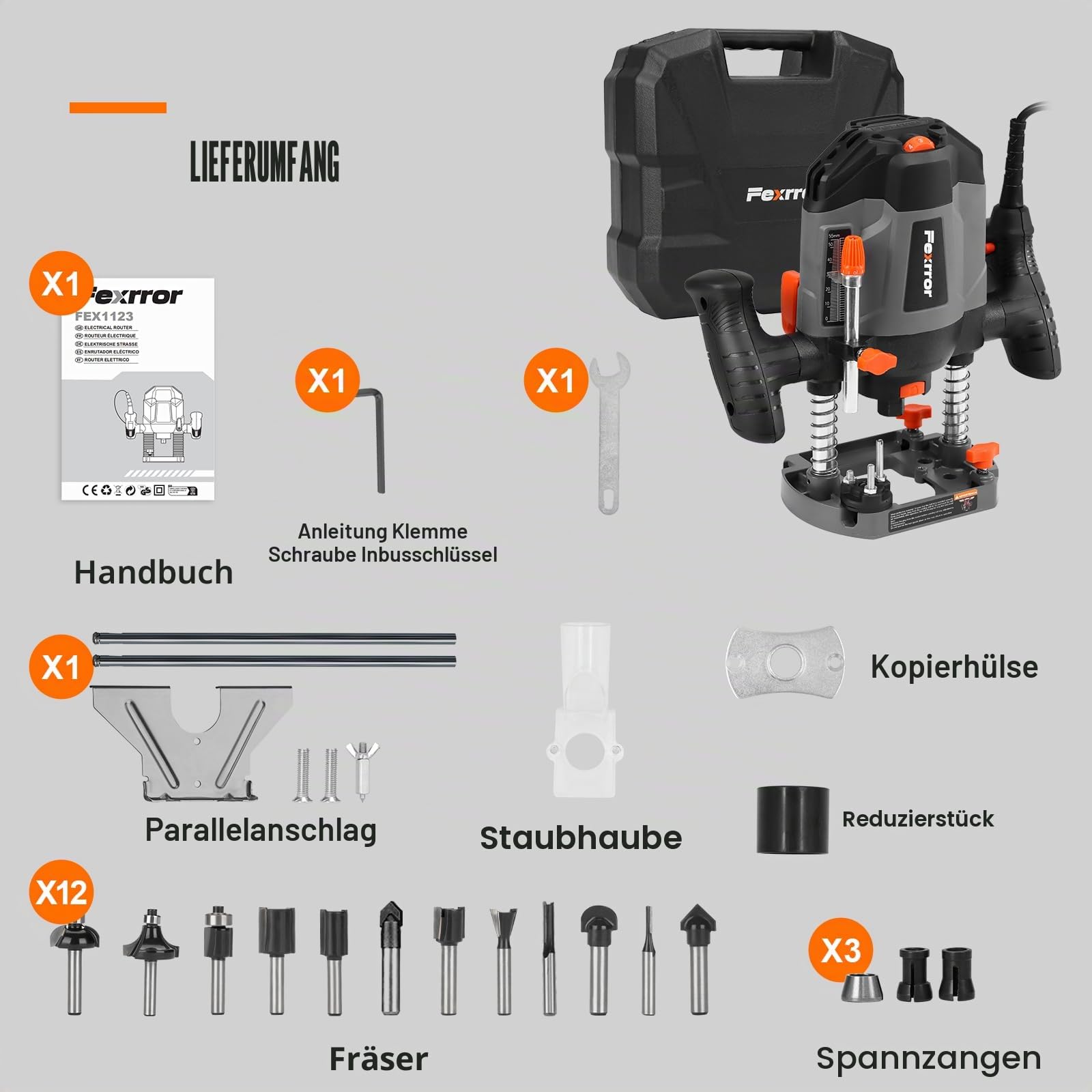 Oberfräse, 1200W Kantenfräse mit 12 Fräsern, 30000 U/min, 55mm Frästiefe, 7 Drehzahlregelung, Parallel Führung, Absaugadapter
