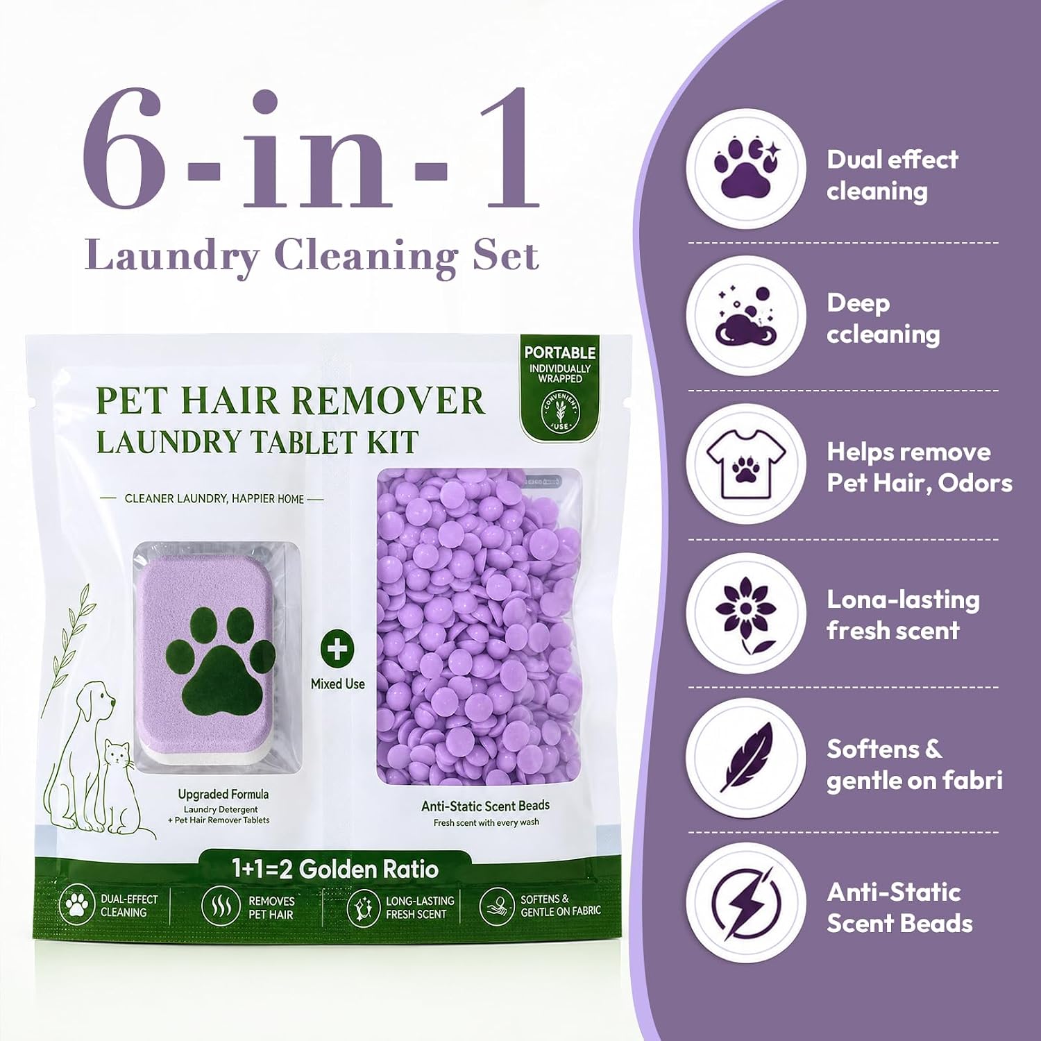Pet Hair Remover Laundry Tablets - 2-in-1 Detergent & Scent Beads,10 Pack image 2