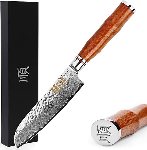Sunlong Santoku - Cuchillos de chef de 5 pulgadas con mango de madera de sangre natural de Damasco martillado japonés