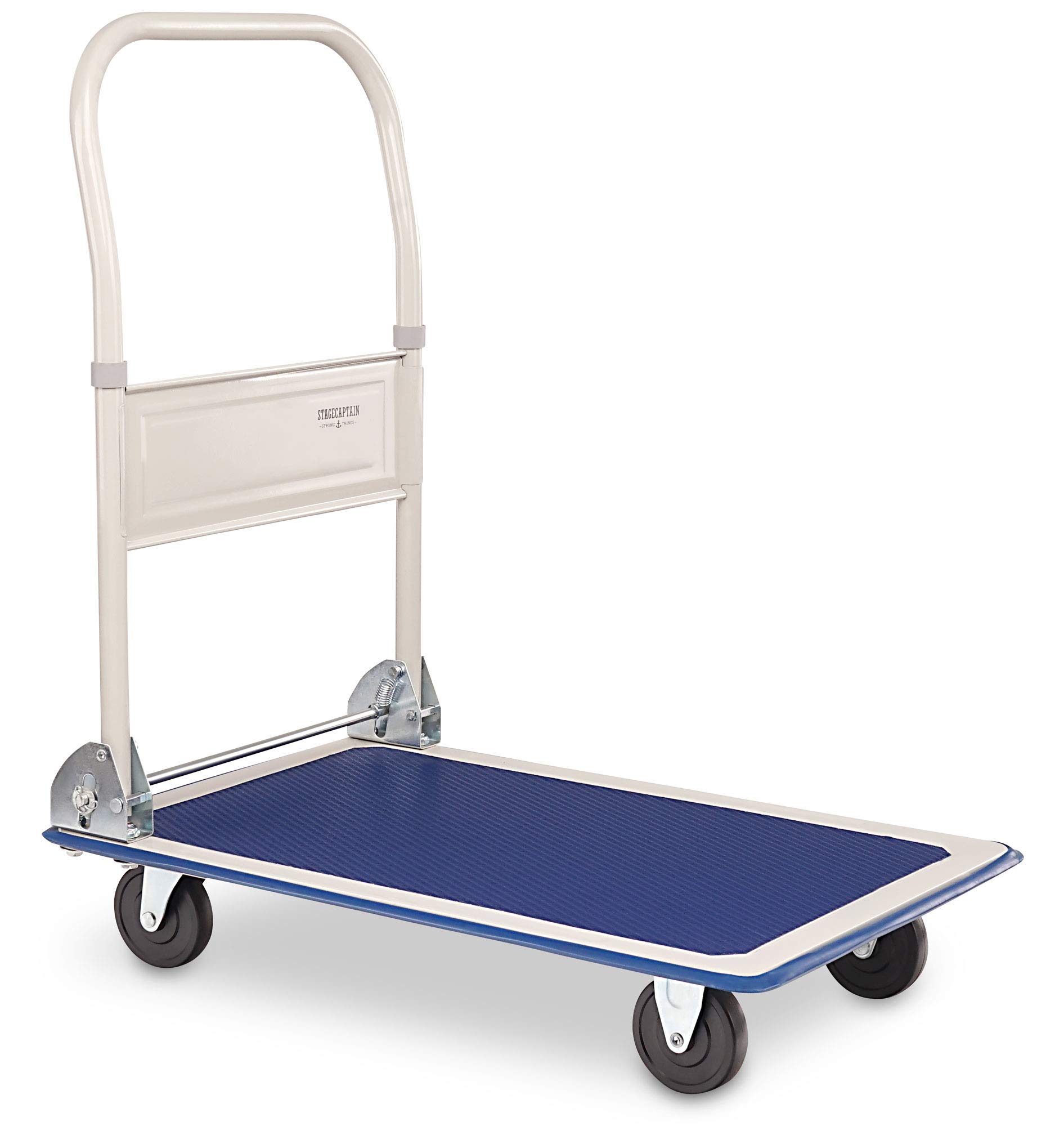 Carro Plataforma Stagecaptain Platformer, plegable, base y bordes con goma, asa plegable 90° para operación a pie, 4 ruedas, capacidad hasta 150 kg, color negro.