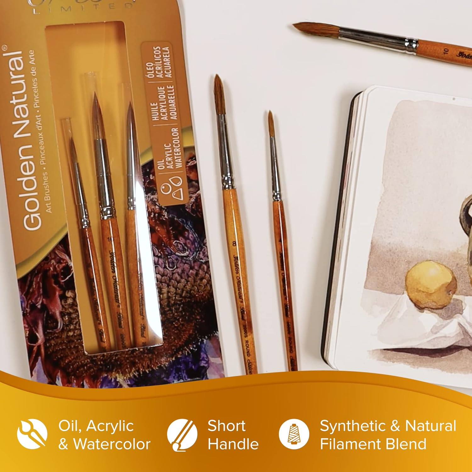 Silver Brush Limited GN-2093S Golden Natural Round Art Brush Set, Watercolor, Oil, and Acrylic Paintbrushes, 3-Piece Set
