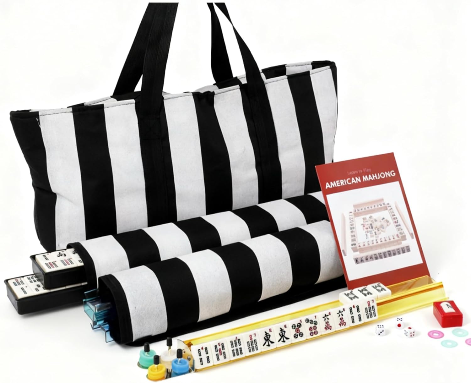 IFNOW American Mahjong Game Set - Portable Bag 166 Premium Tiles with 4 All-in-One Rack,100 Chips, Wind Indicator, English Manual Easy Carry Full Size Complete Mahjong Set (Stripe Bag Mahjong Set)