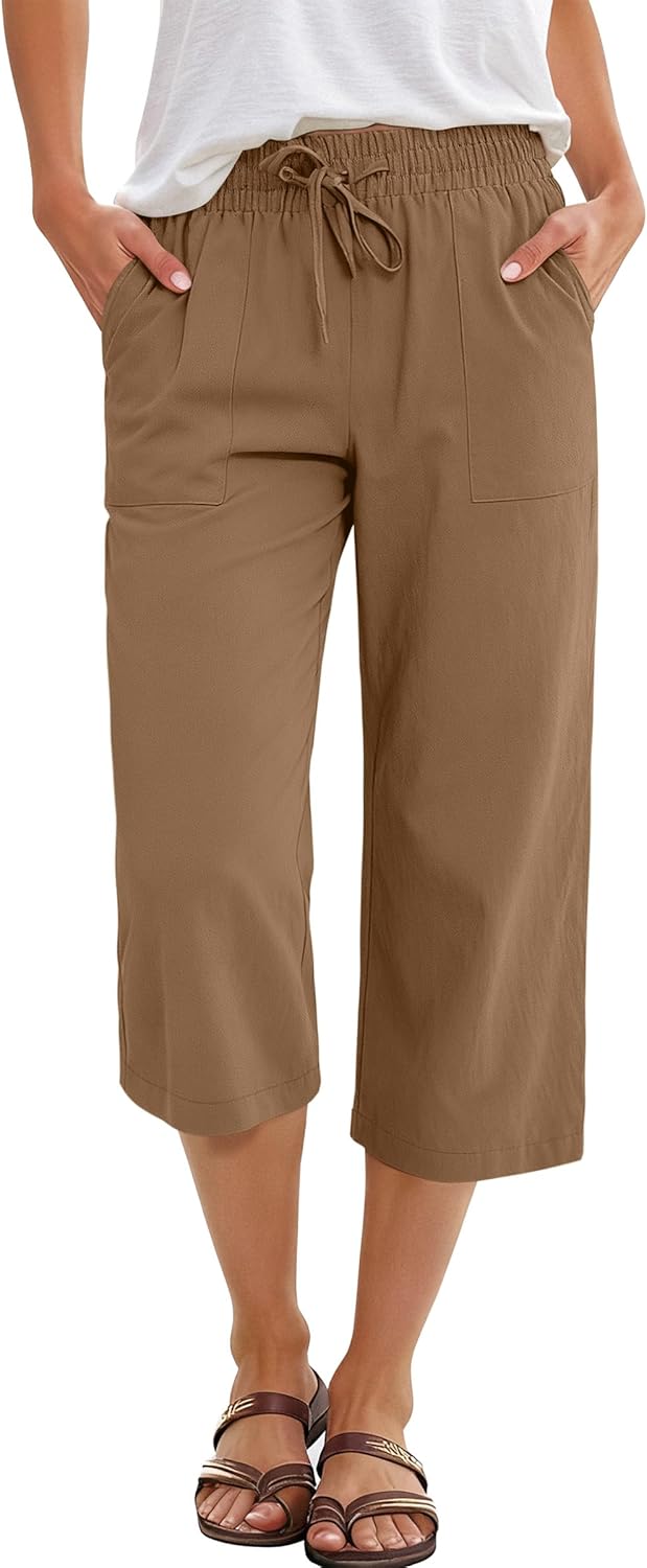 ANRABESS Capris Pants for Women Summer Casual Loose Drawstring Elastic High Waist Straight 2026 Lounge Beach Cropped Trousers