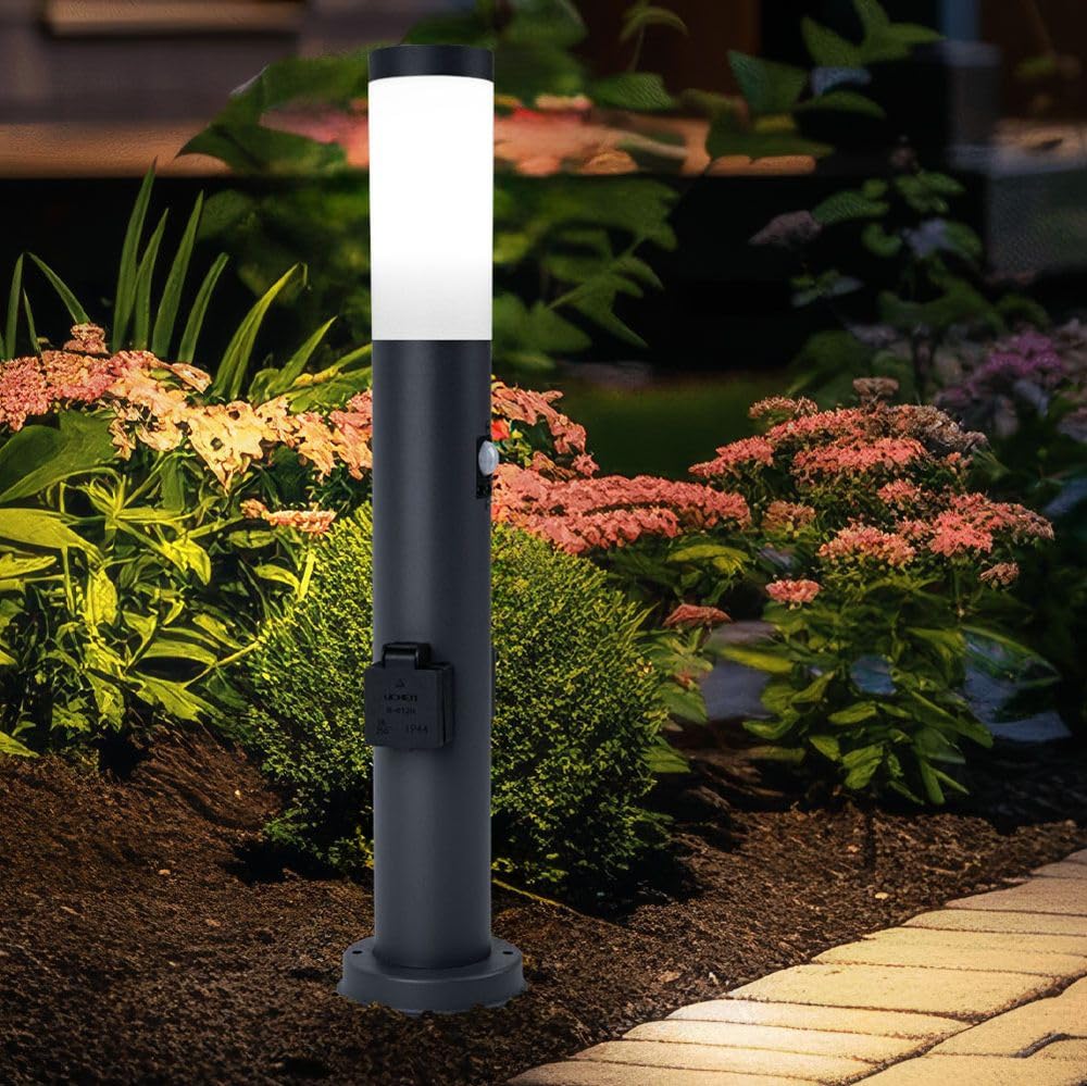 Außenleuchte LED Stehleuchte mit Bewegungsmelder Edelstahl Wegeleuchte Sockelleuchte Gartenleuchte anthrazit, mit 2 Steckdosen, IP44, 1x 11W 1055lm warmweiß, DxH 13,1x60 cm