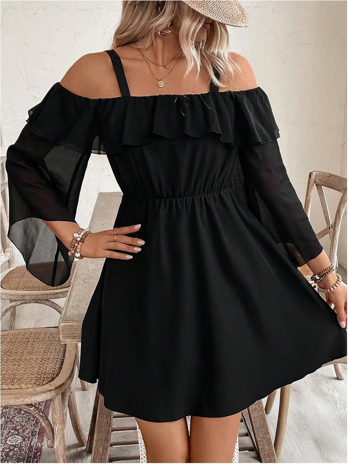 Floerns Women's Cold Shoulder 3/4 Sleeve A Line Dress Ruffle Trim Flowy Short Dresses - Image 2