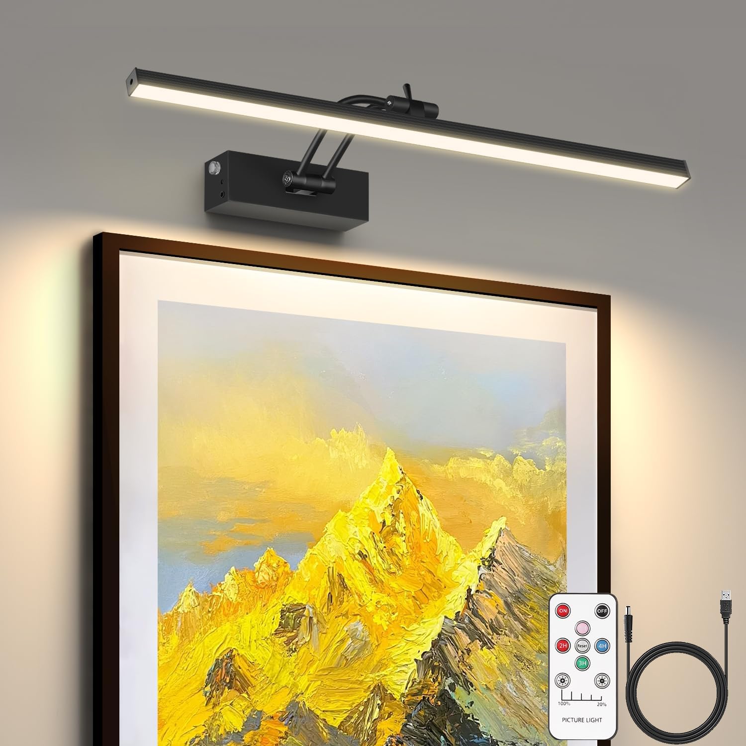 JNGMAIR Picture Light, 5200mAh Rechargeable Battery Operated Picture Lights for Wall with Remote Control, 300LM 3000K 16
