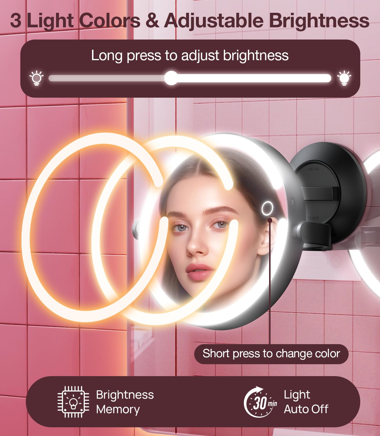 Benbilry Espejo de aumento con ventosa con luz 10X, espejo de maquillaje montado en la pared con ventosa para baño, 3 luces de color y brillo ajustable, mesa 2 en 1 para escritorio, color negro
