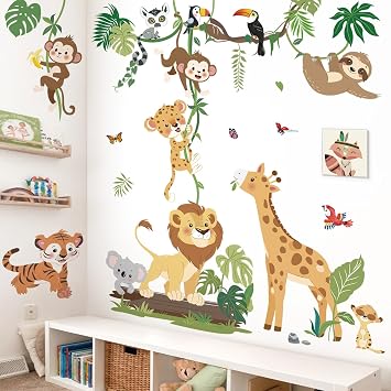 decalmile Jungle Animals Climbing Tree Wall Stickers Safari Animal Giraffe Lion Monkey Wall Decals Baby Nursery Toddler Room Living Room Wall Decor