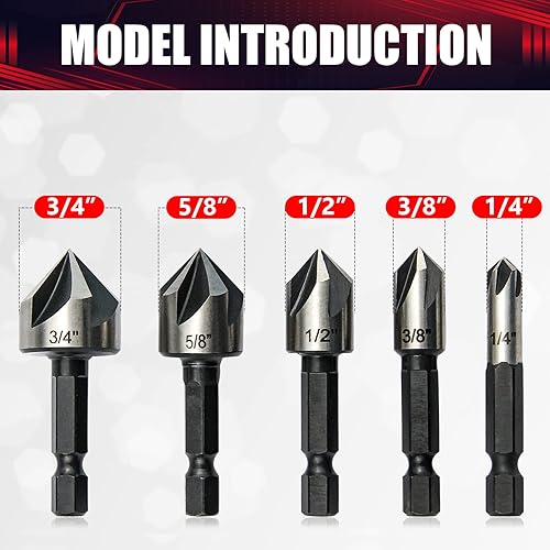 Miniatura 2 de Juego de 5 brocas avellanadas, fregadero de contador de 82 grados, apto para agujeros de fregadero en la mayoría de metales mecanizables, madera