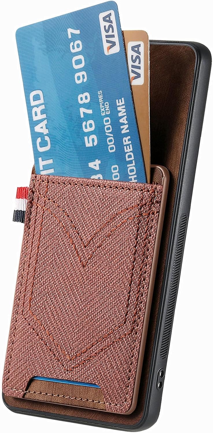 Close-up of the phone case's card slot with two credit cards partially inserted, demonstrating its wallet function.