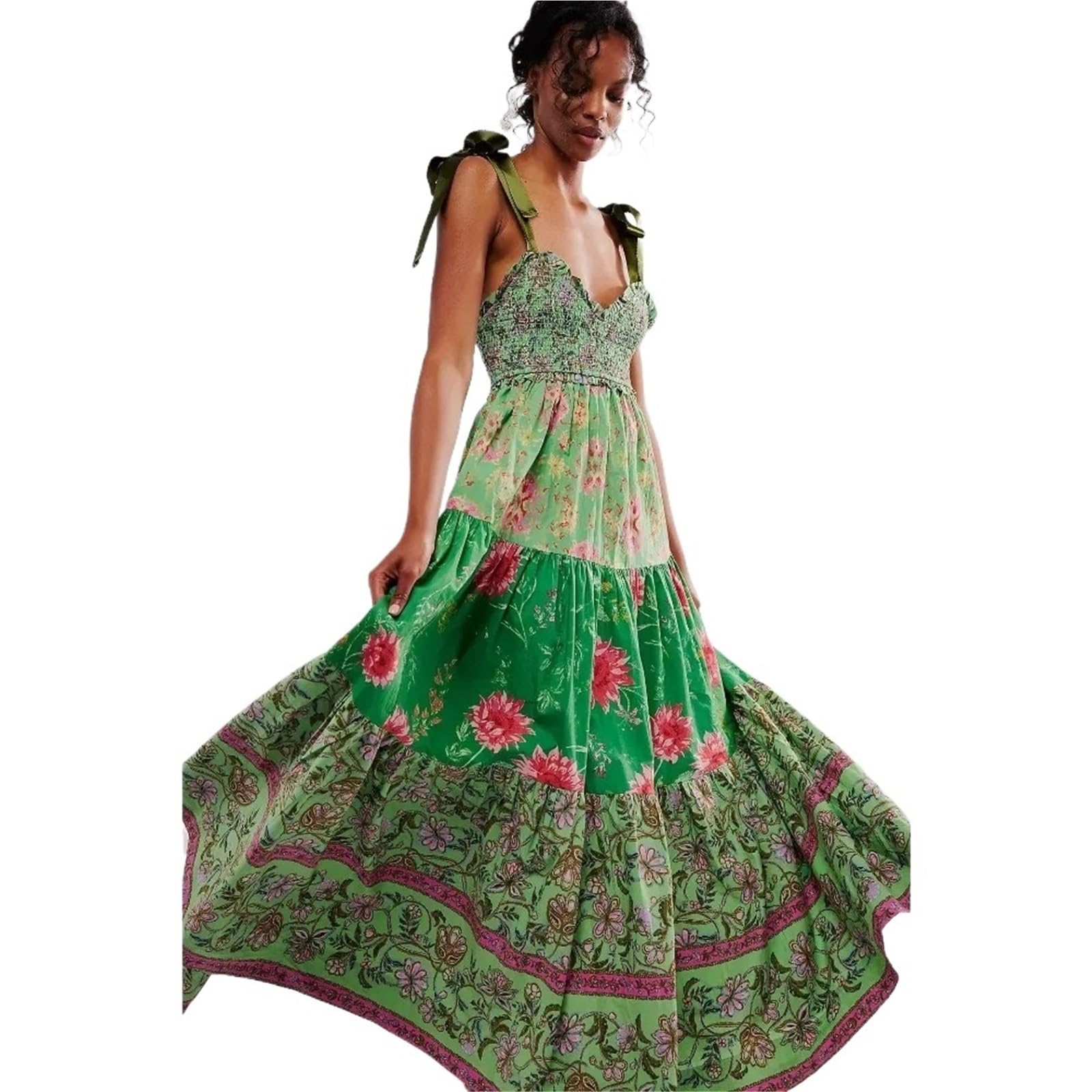 Vestido con Cordones, Estampado, for Vacaciones, Verano, étnico, Corte en A, Estilo Libre, Elegante, for Gente, Vestidos Largos.