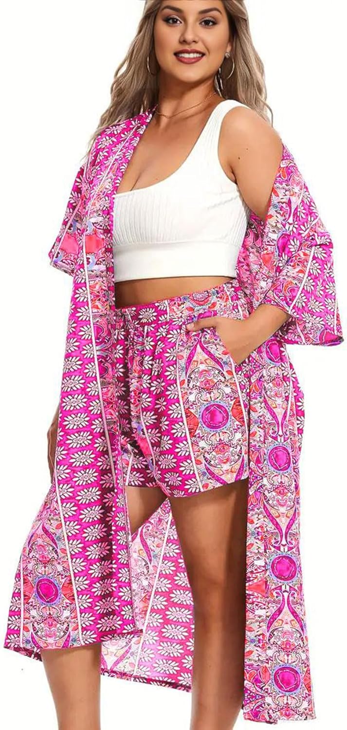 Plus Size Womens Floral 2 Piece Kimono Set MidLength Bohemian Cardigan with Shorts, Lightweight Summer Casual Vacation Outfit