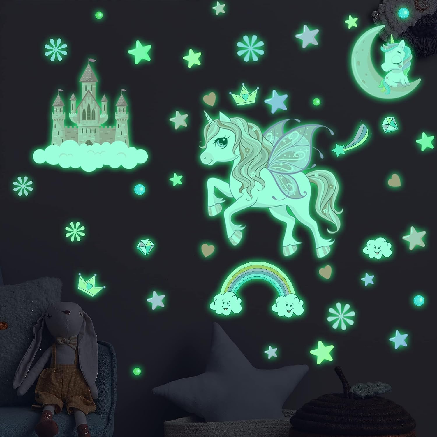 Glow in The Dark Stars Unicorn Wall Decals, Castle Moon Rainbow Stickers for Ceiling, DIY Unicorn Wall Decor for Nursery Girls Playroom, Kids Christmas Birthday Party Decoration image 4