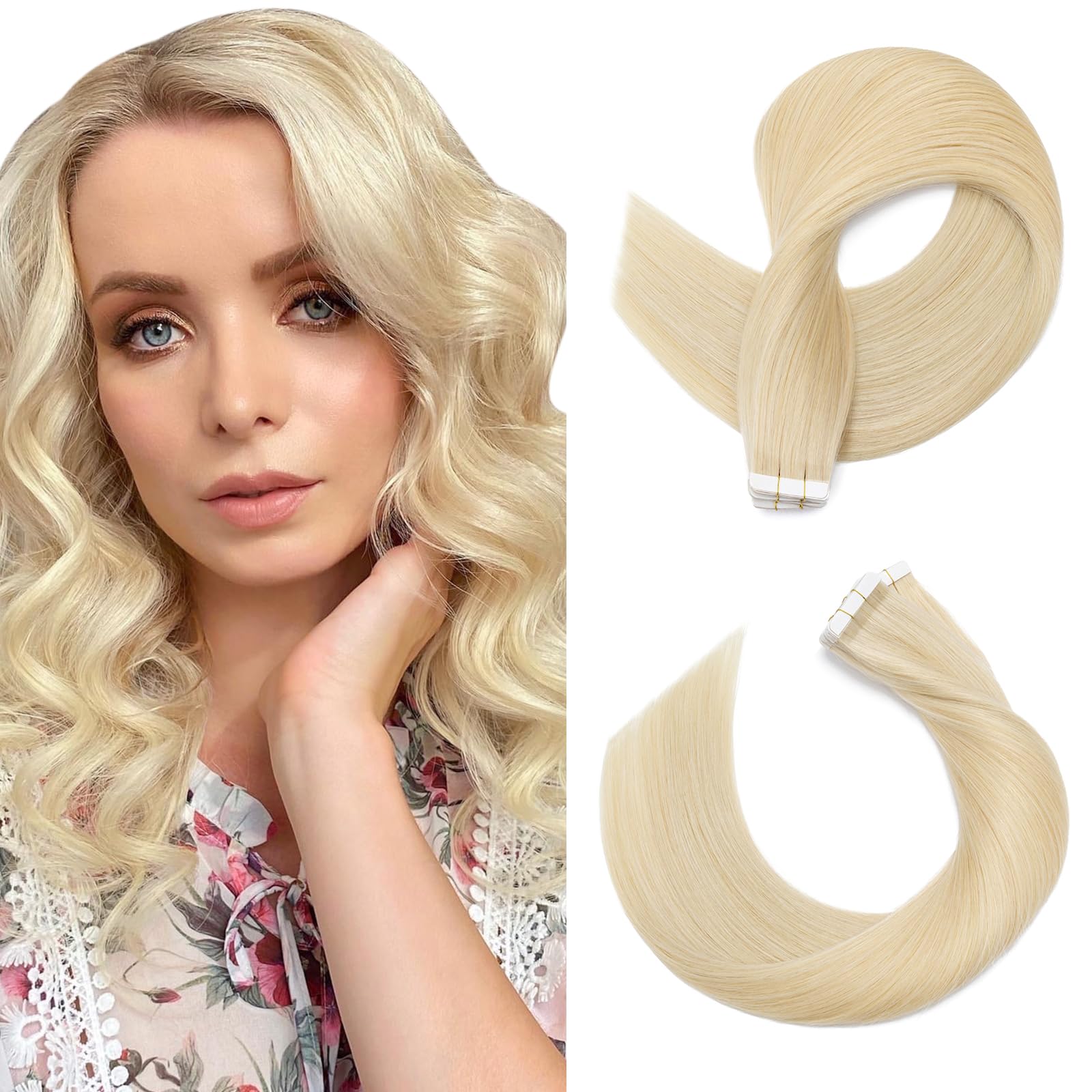 SEGOHAIR Tape in Hair Extensions Human Hair, 12" Invisible 10Pcs Real Hair Straight Natural Remy Tape Hair Extensions - Bleach Blonde