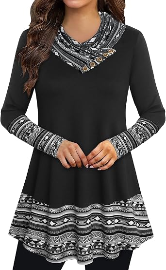 Bebonnie Cowl Neck Tunics Long Sleeve Patchwork Form Fitting Casual A-Line Top Blouse
