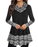 Cowl Neck Tunics Long Sleeve Patchwork Form Fitting Casual A-Line Top Blouse